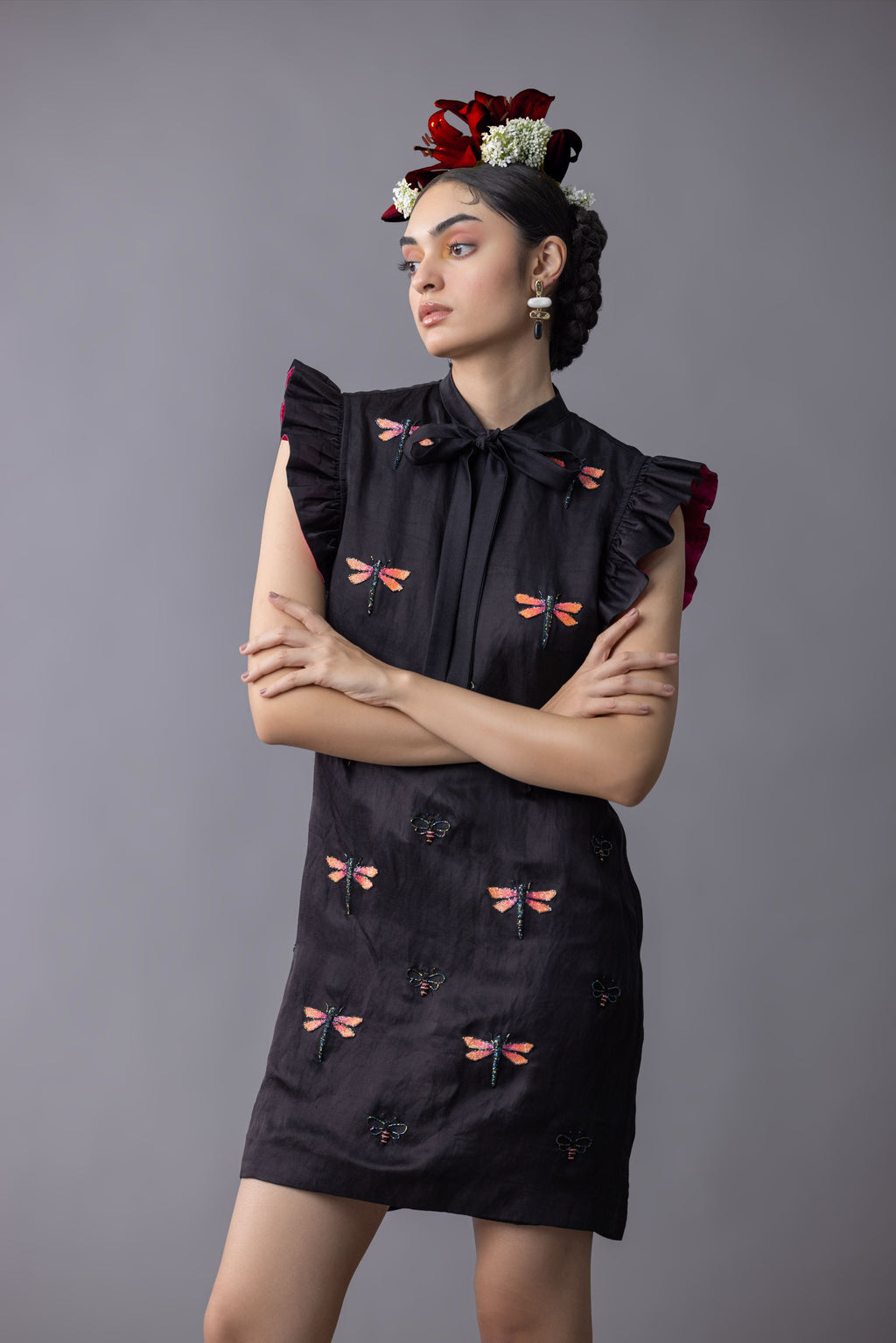 Black Satin Linen Embroidered Dress with Dragonfly and moth motif