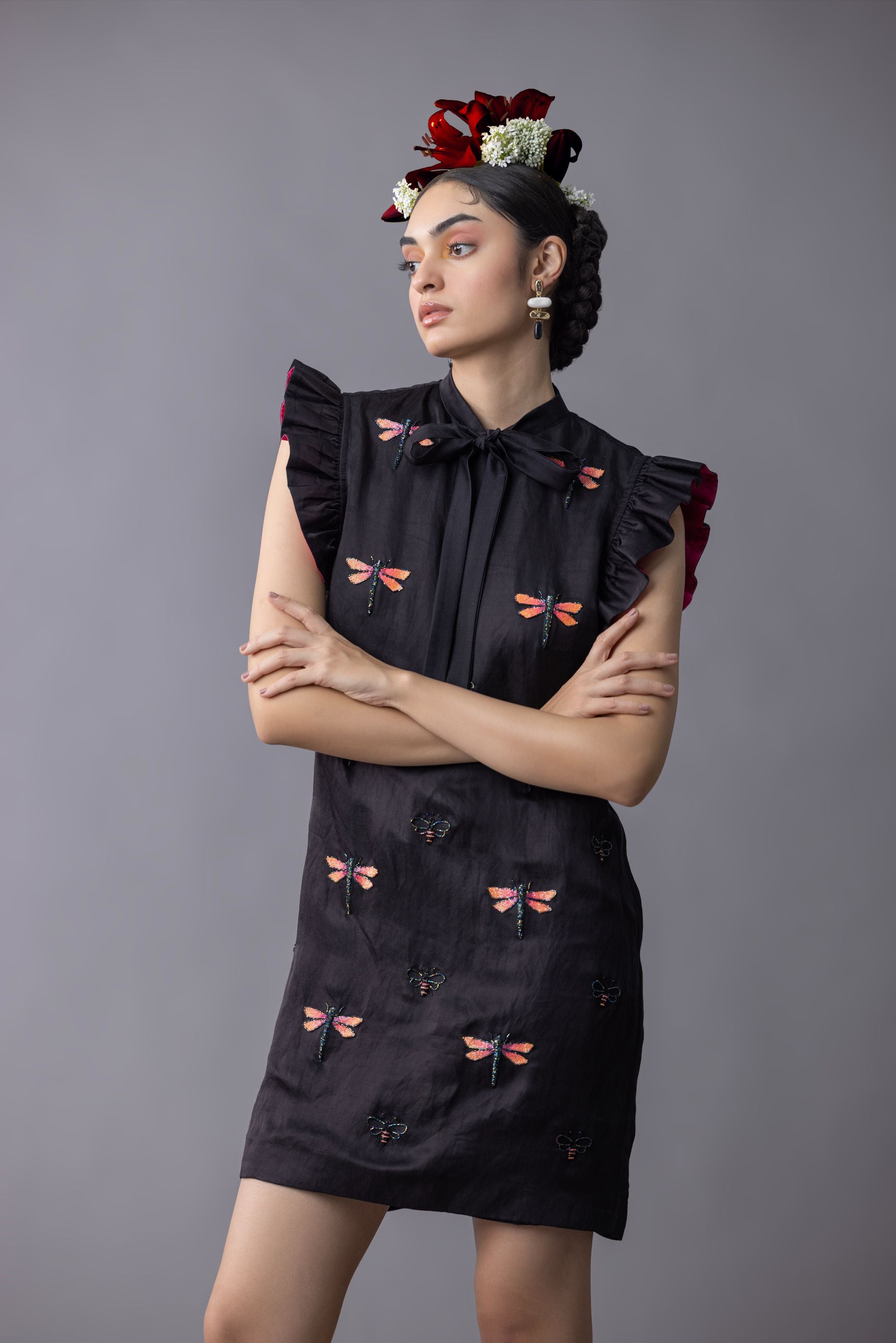Black Satin Linen Embroidered Dress with Dragonfly and moth motif