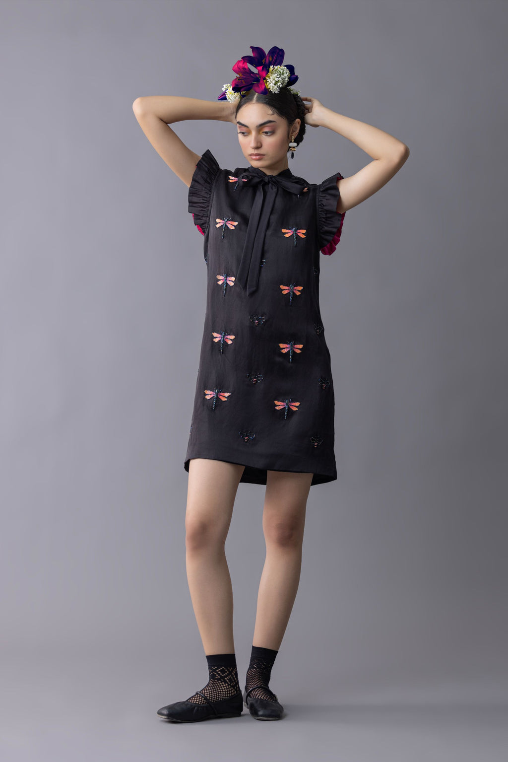 Black Satin Linen Embroidered Dress with Dragonfly and moth motif