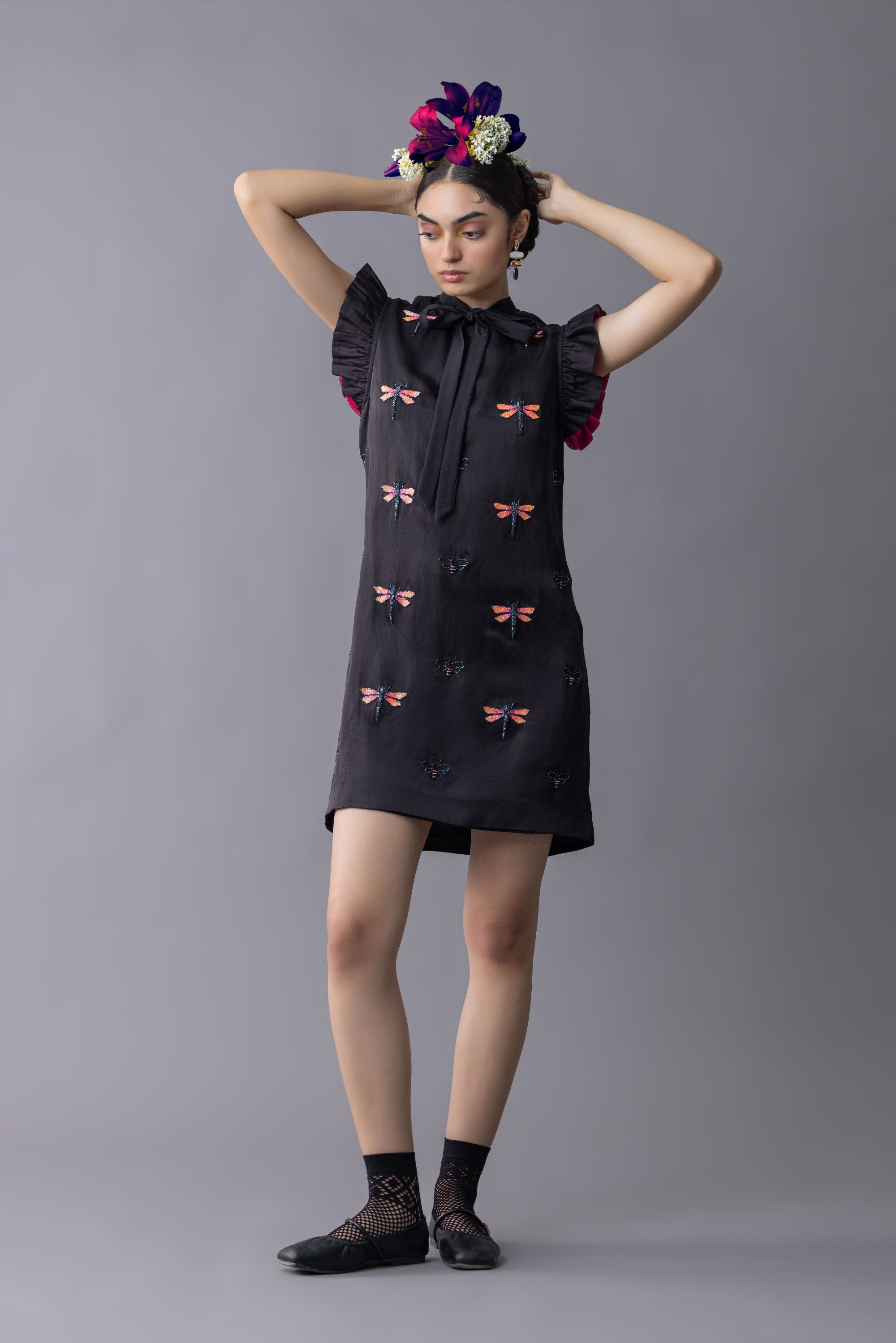 Black Satin Linen Embroidered Dress with Dragonfly and moth motif