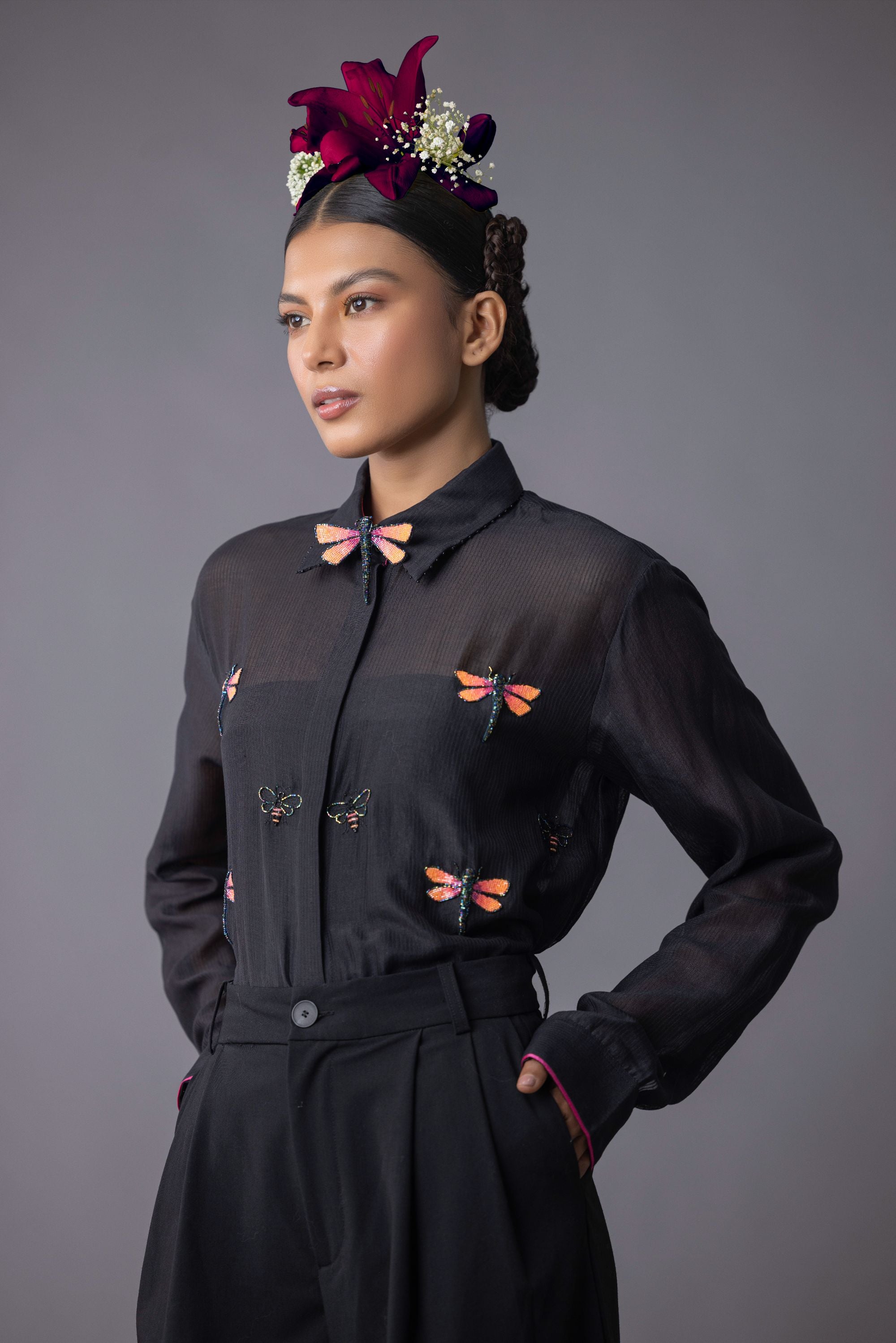 Black Chanderi Silk Hand Embroidered Shirt with Dragonfly and moth motif