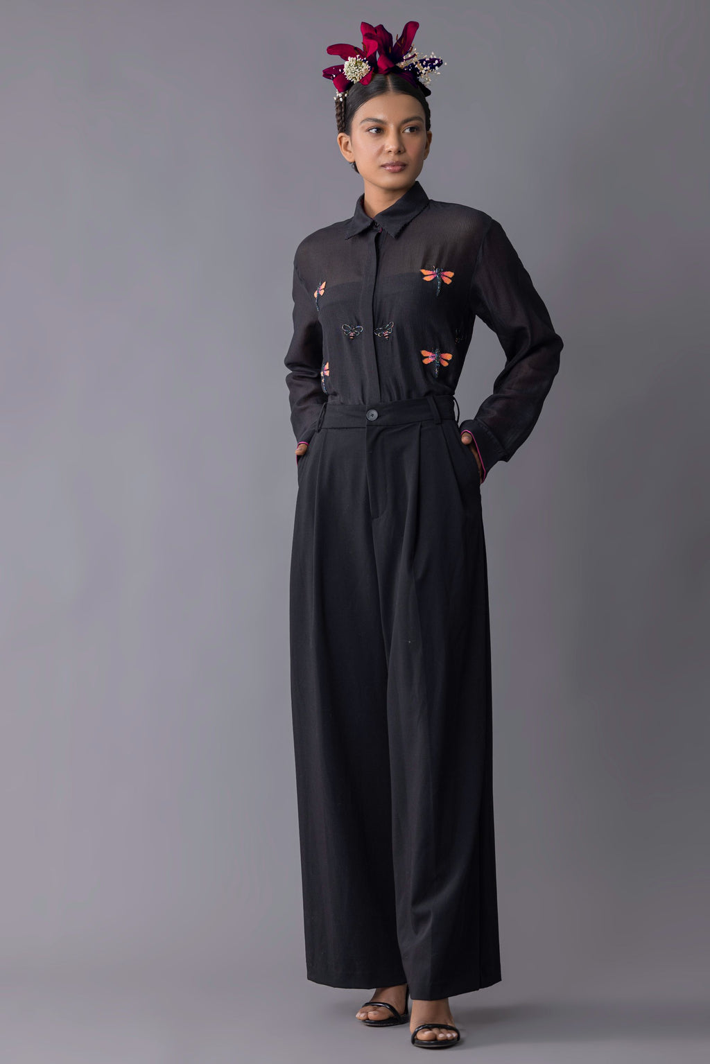 Black Chanderi Silk Hand Embroidered Shirt with Dragonfly and moth motif
