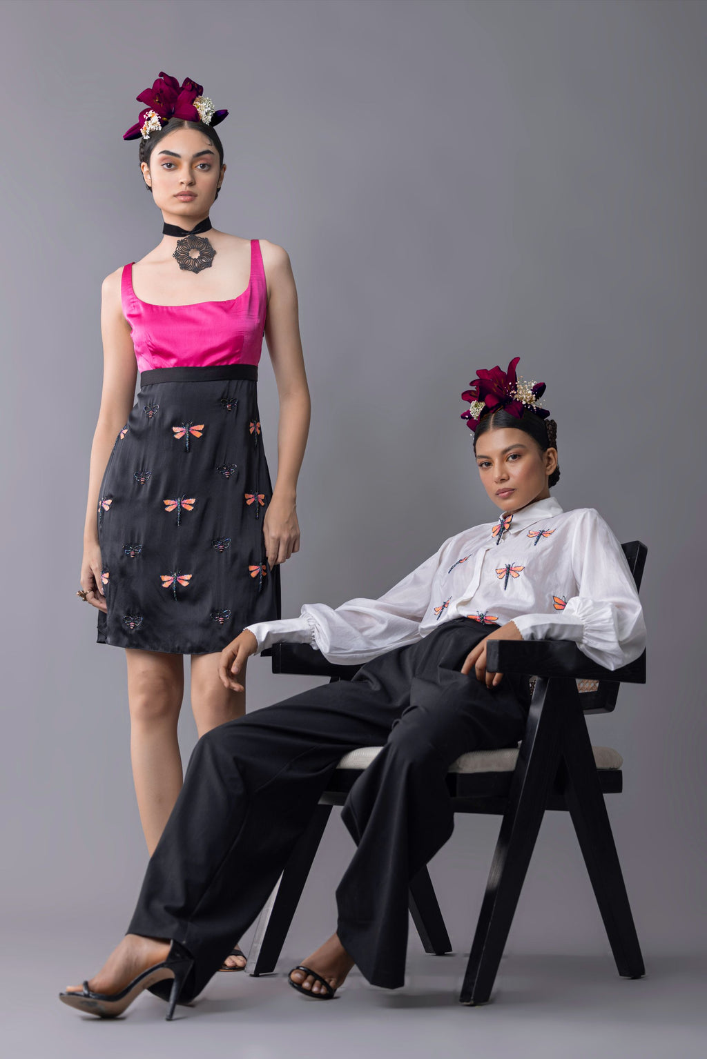 Off White Taffeta Silk Hand Embroidered Shirt with Dragonfly and moth