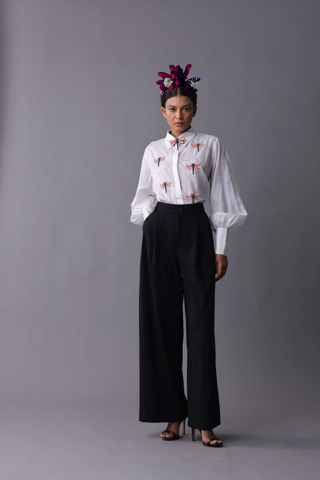 Off White Taffeta Silk Hand Embroidered Shirt with Dragonfly and moth