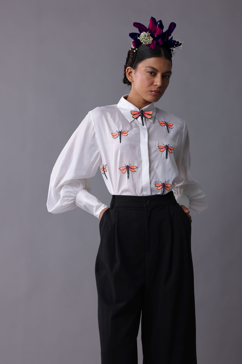 Off White Taffeta Silk Hand Embroidered Shirt with Dragonfly and moth