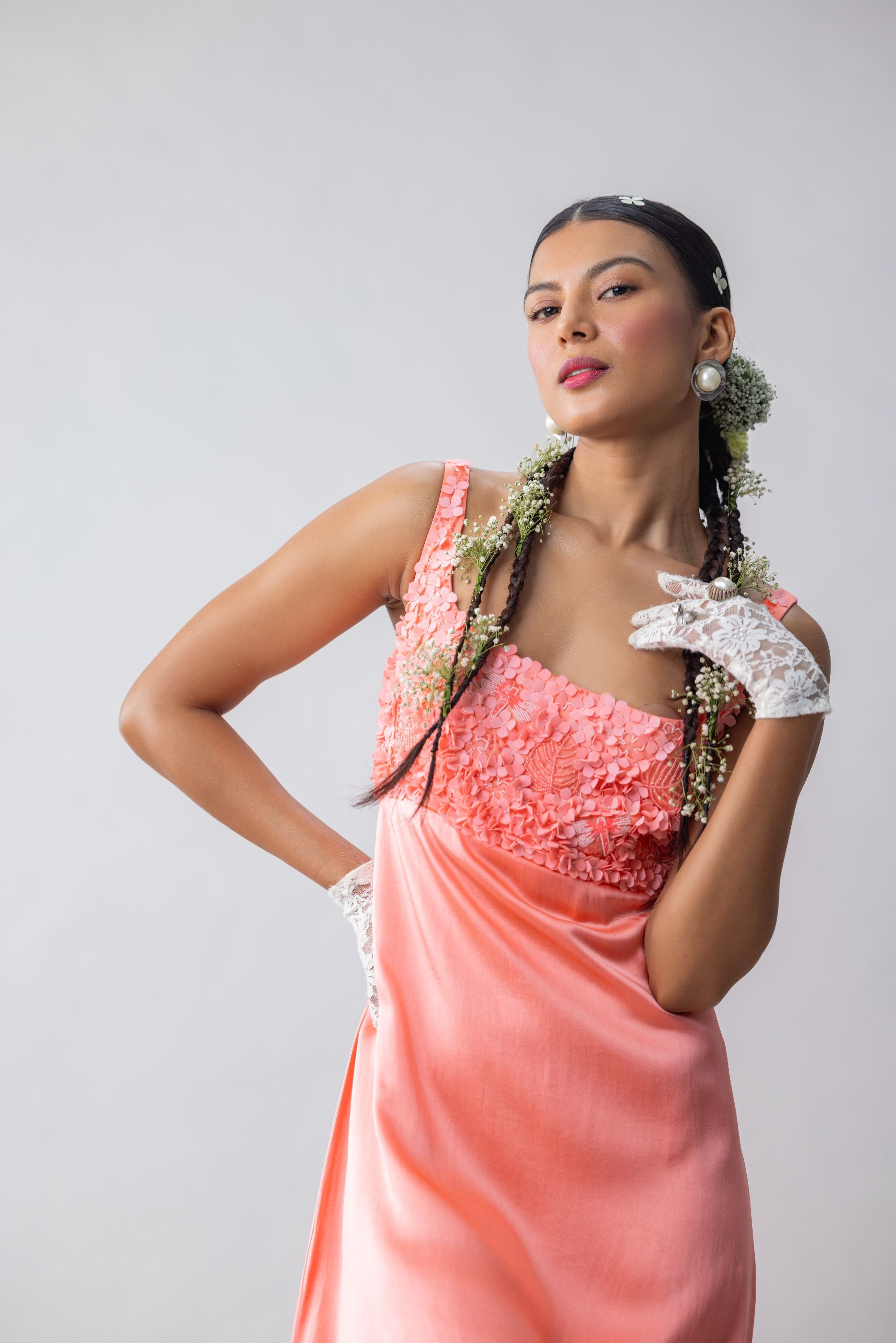Satin Silk Dress with embroidered and appliqued bustier