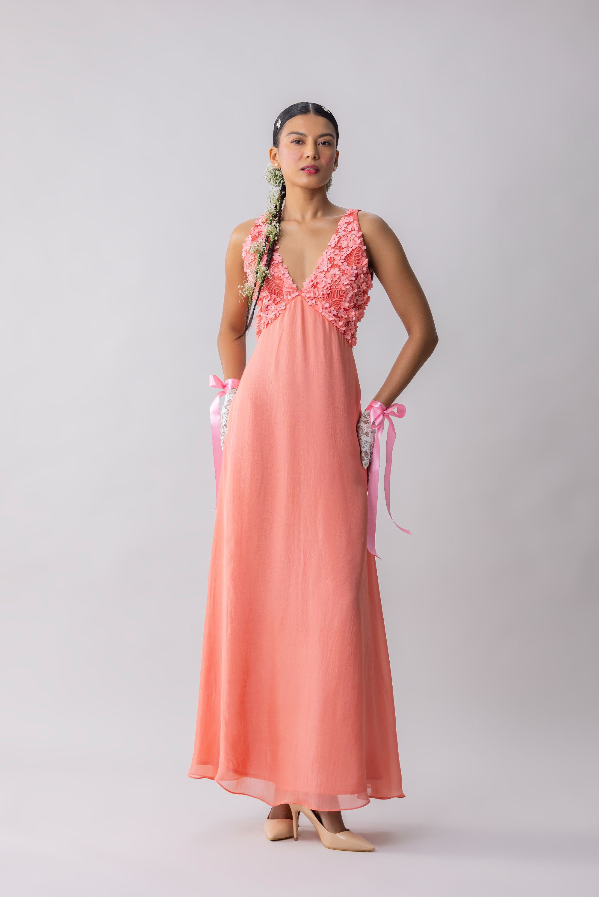 Flat Chiffon  Dress with embroidered and appliqued bustier