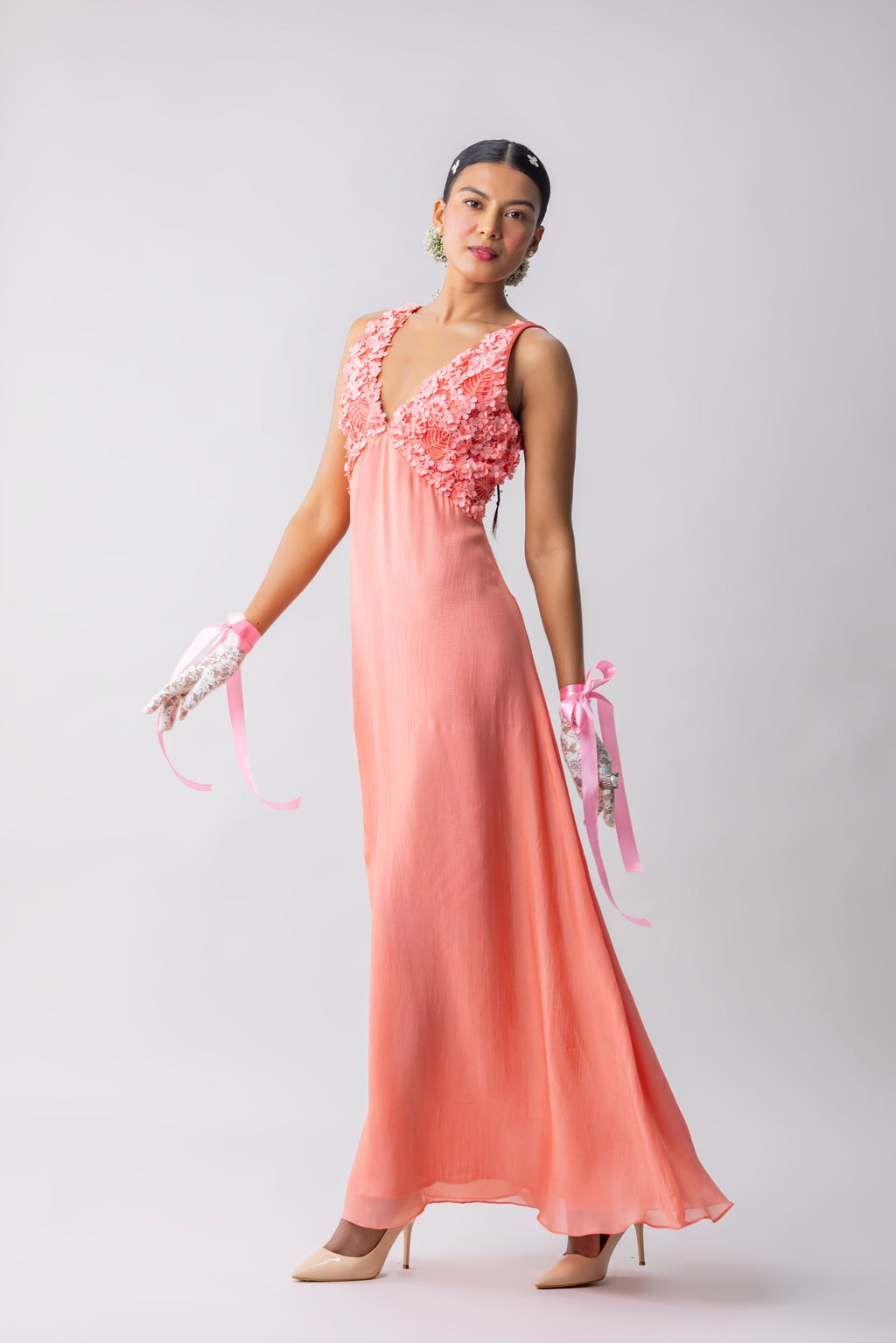 Flat Chiffon  Dress with embroidered and appliqued bustier