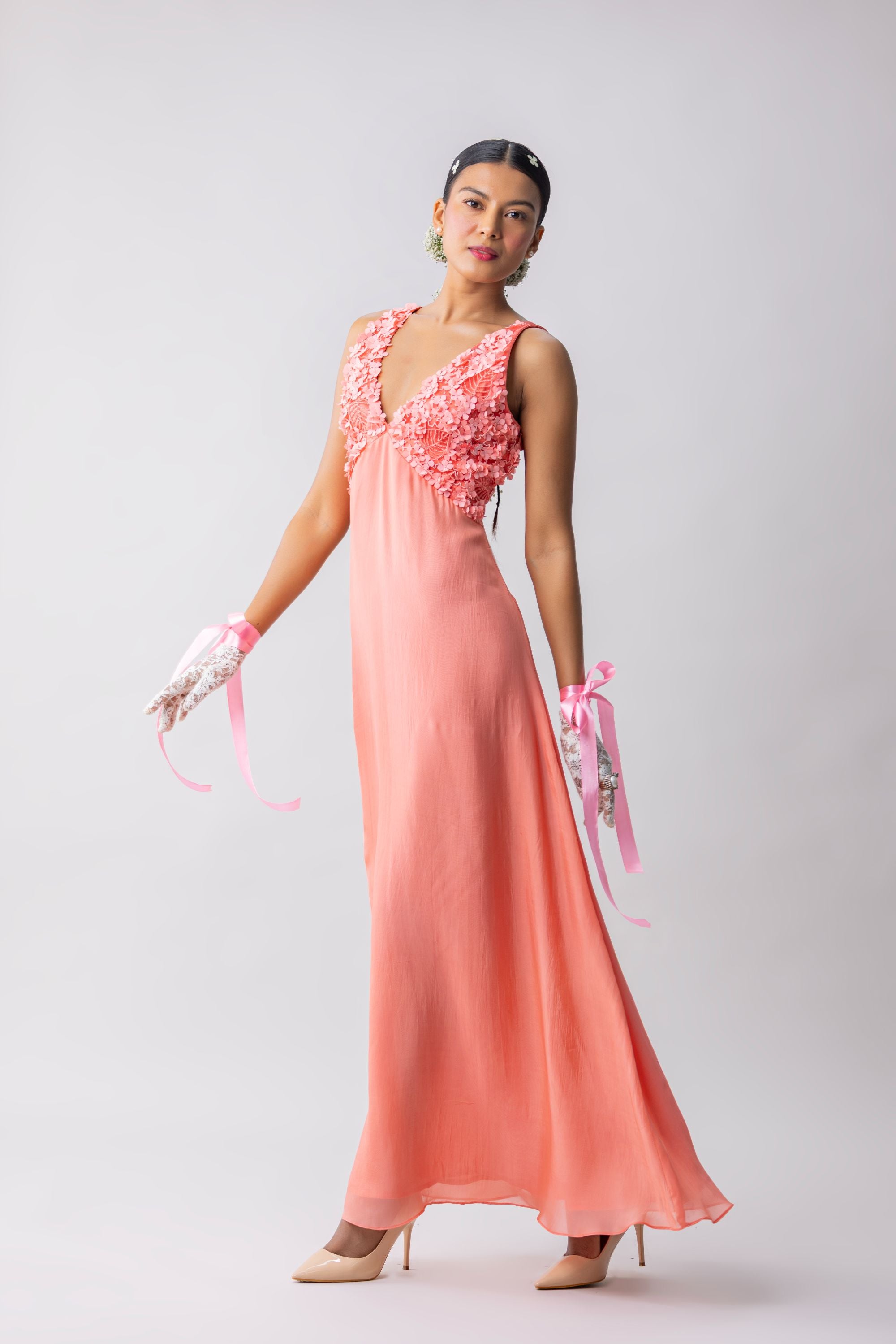 Flat Chiffon  Dress with embroidered and appliqued bustier
