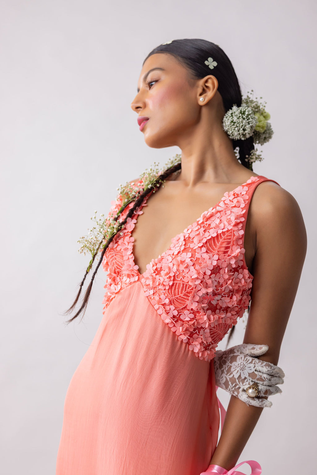 Flat Chiffon  Dress with embroidered and appliqued bustier