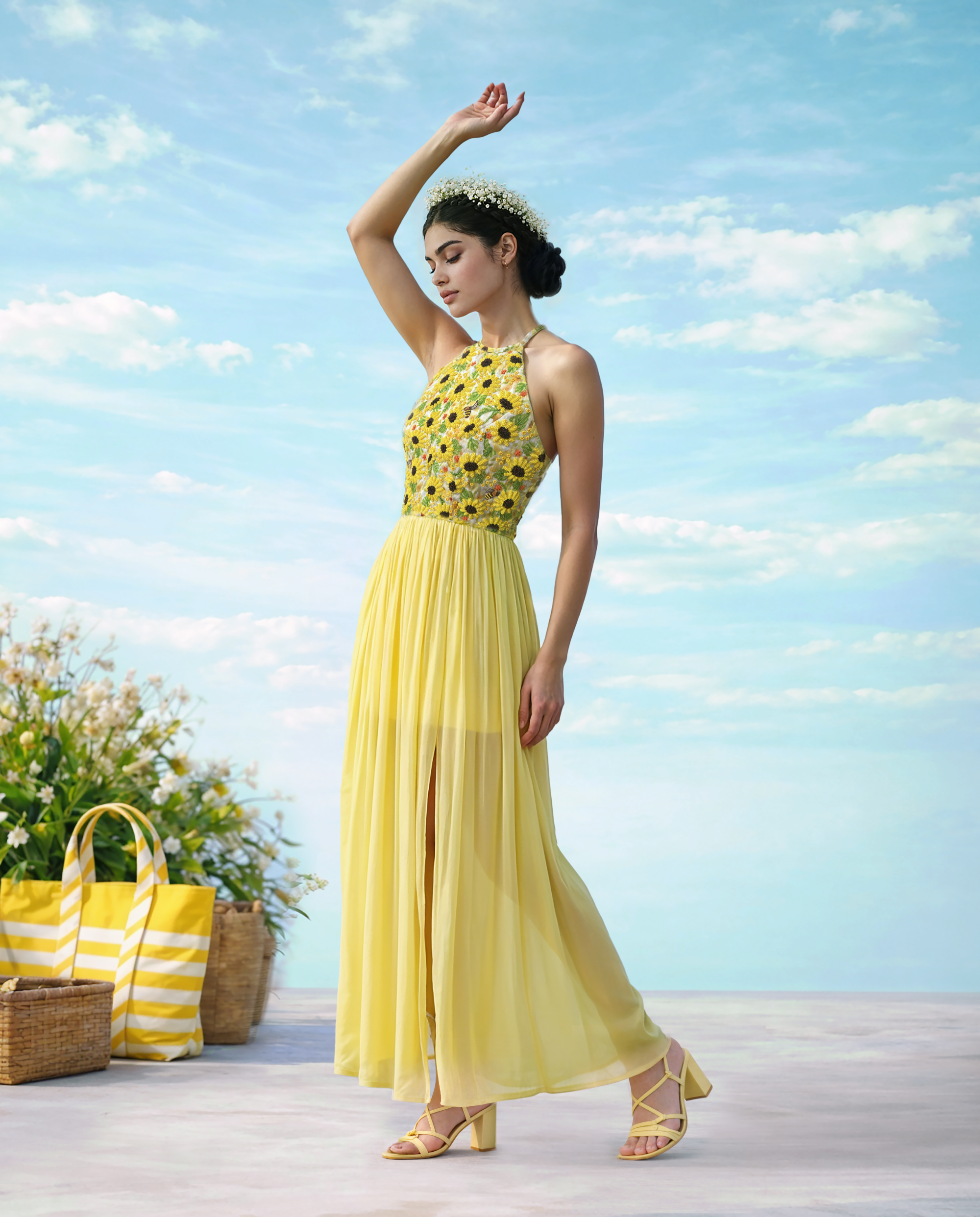 Chinnon Dress with sunflower embroidery