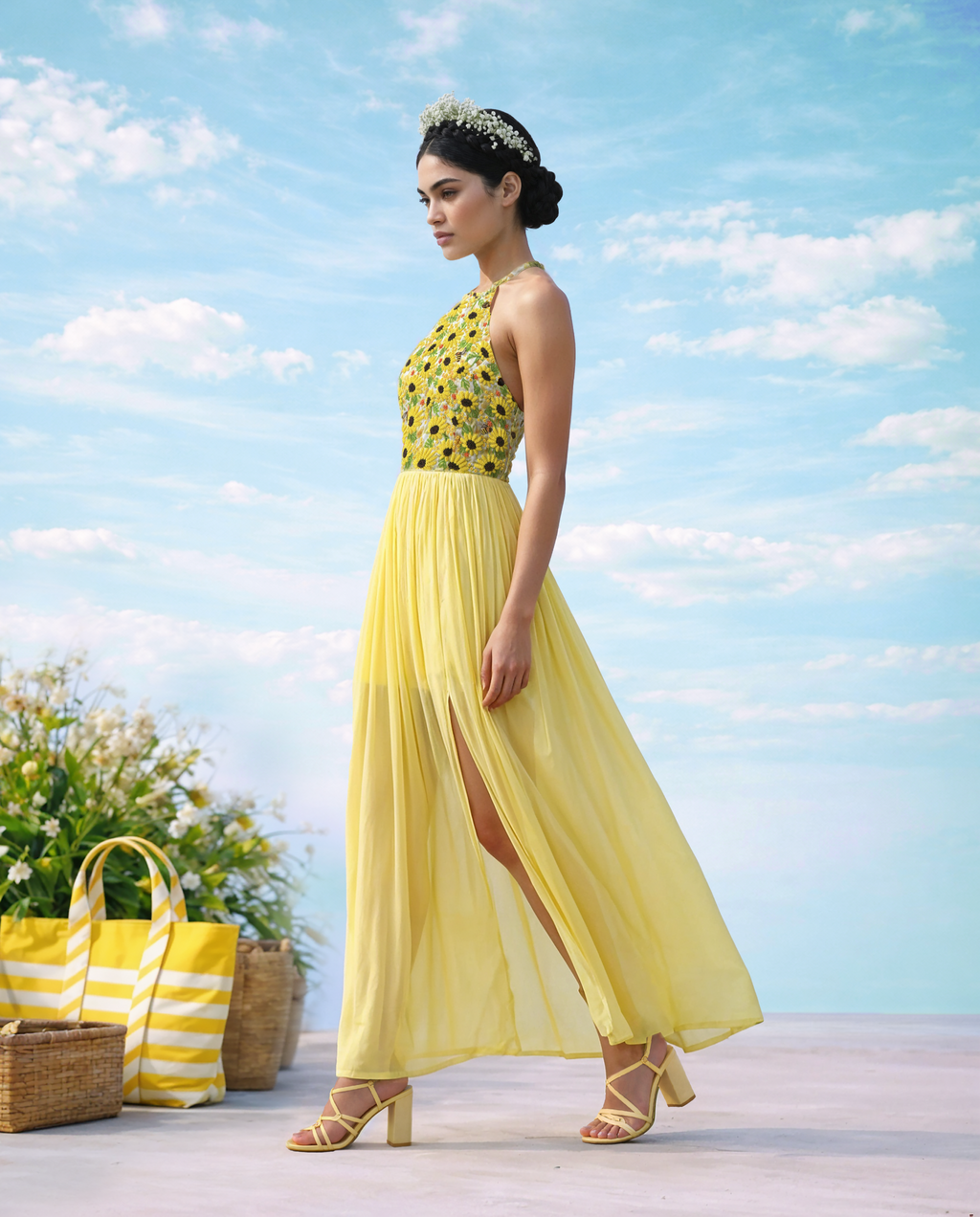 Chinnon Dress with sunflower embroidery