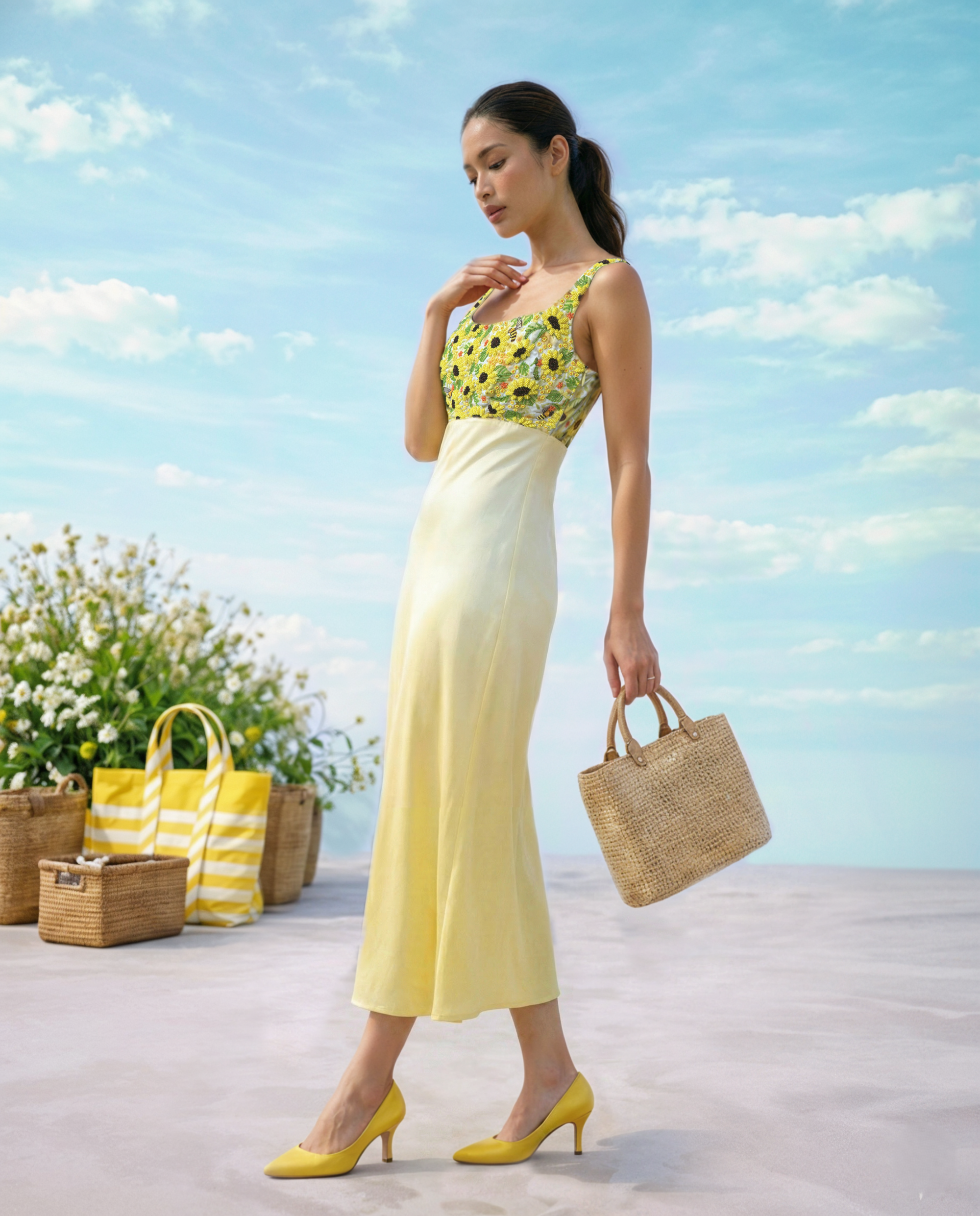 Satin Silk Dress with sunflower embroidery