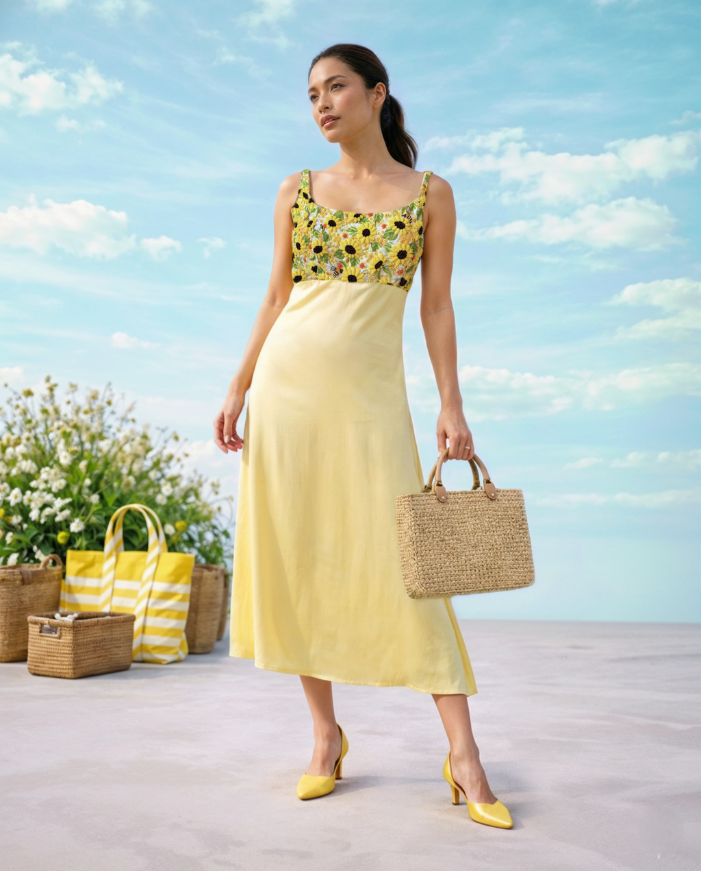 Satin Silk Dress with sunflower embroidery