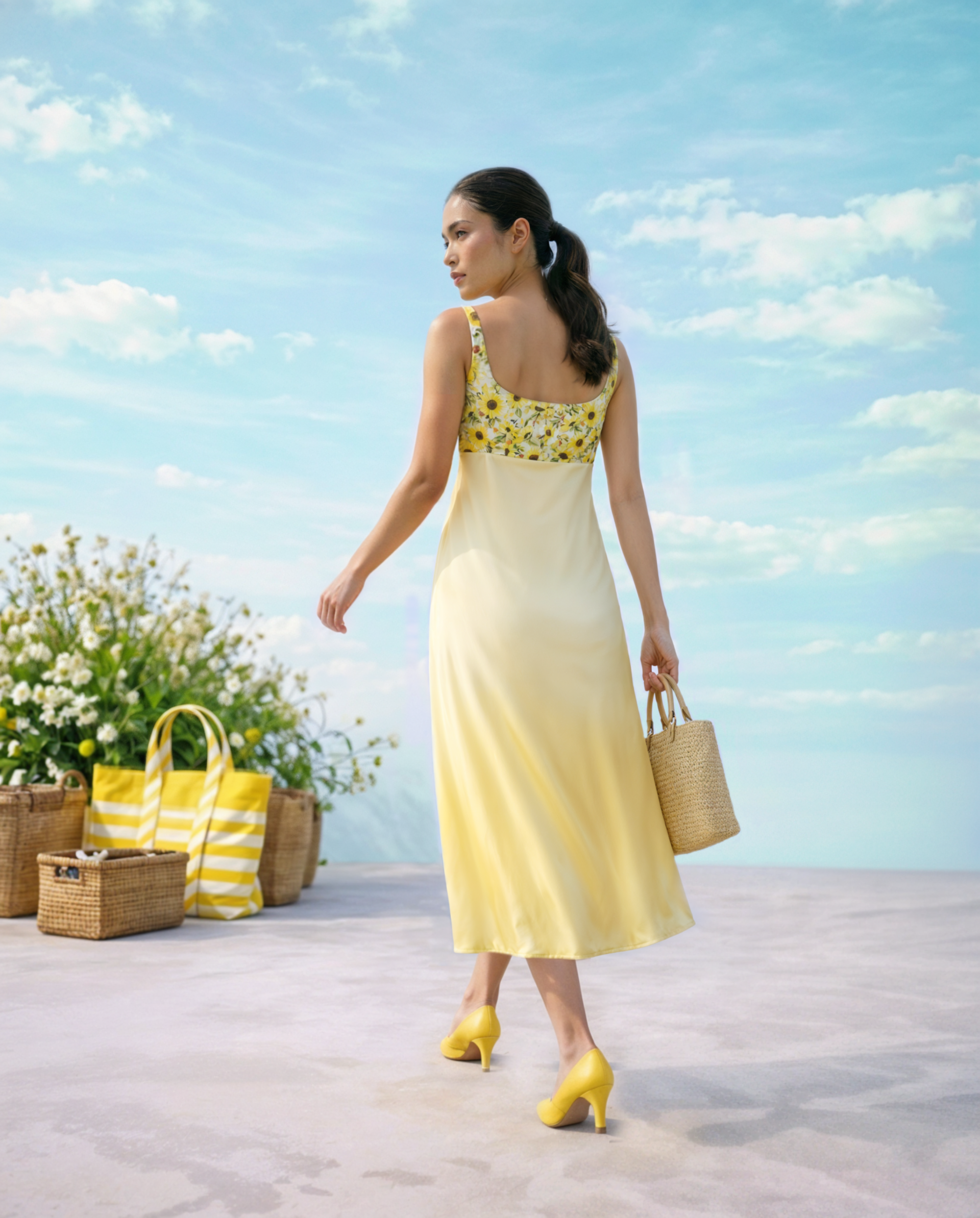 Satin Silk Dress with sunflower embroidery