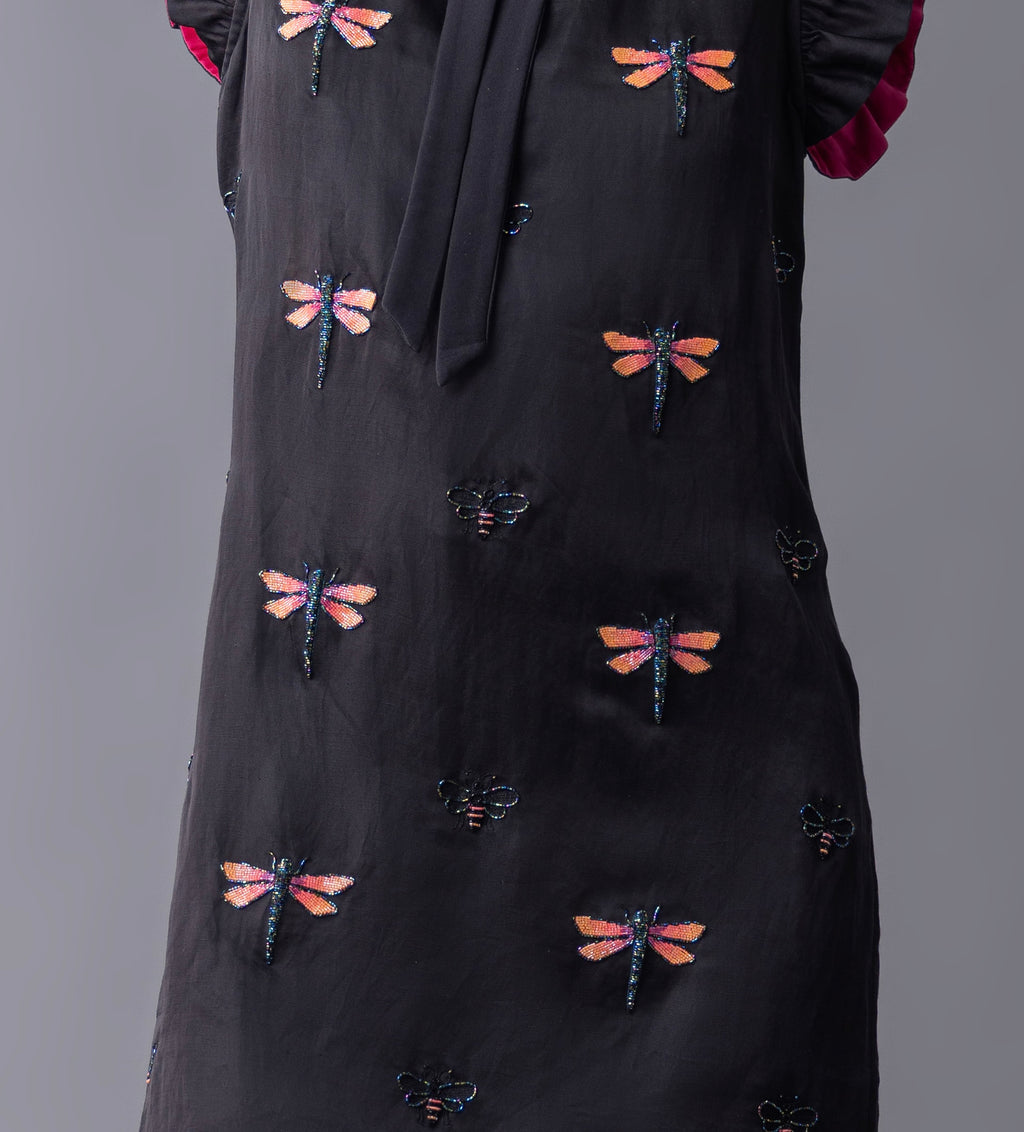 Black Satin Linen Embroidered Dress with Dragonfly and moth motif