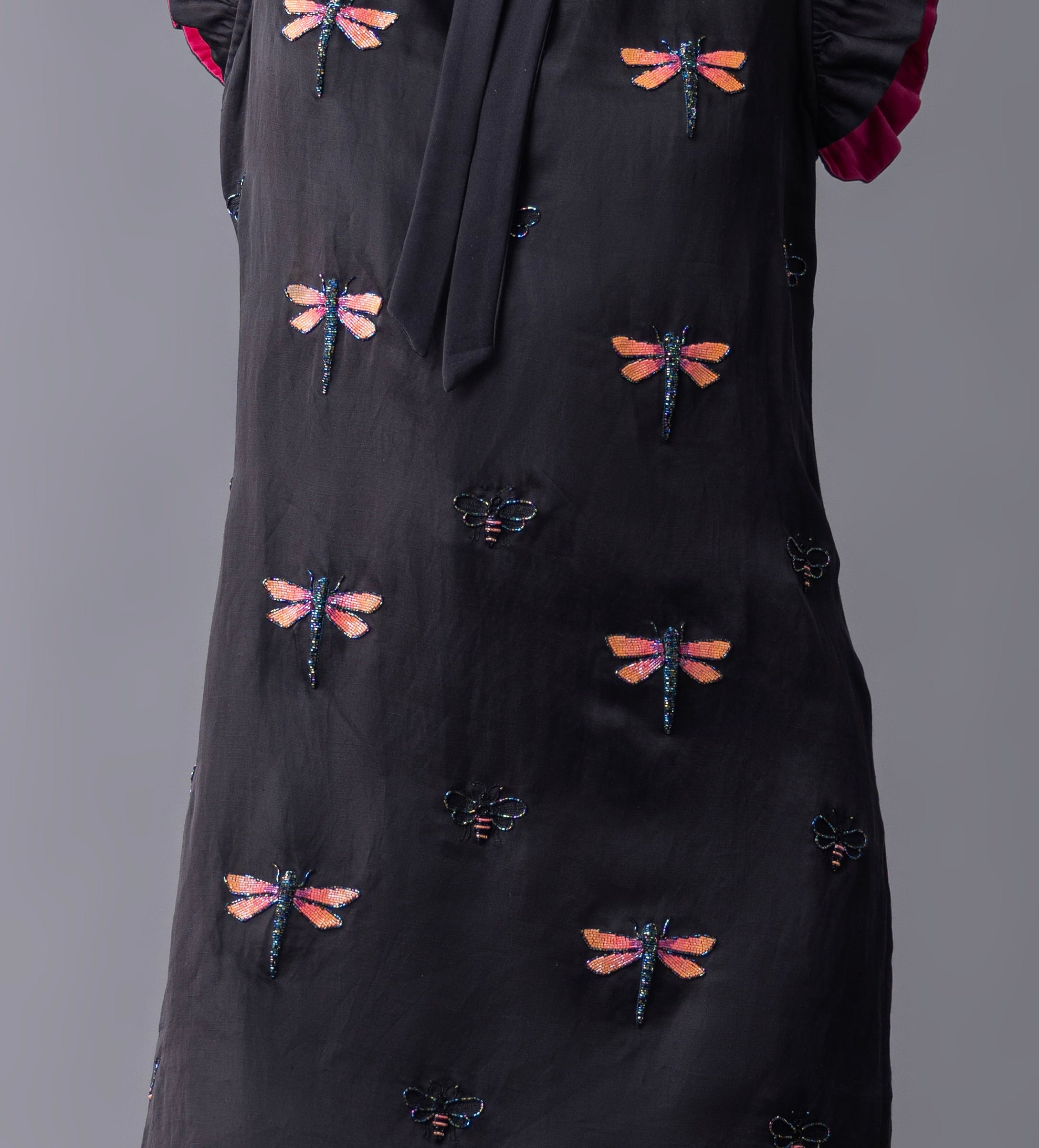 Black Satin Linen Embroidered Dress with Dragonfly and moth motif