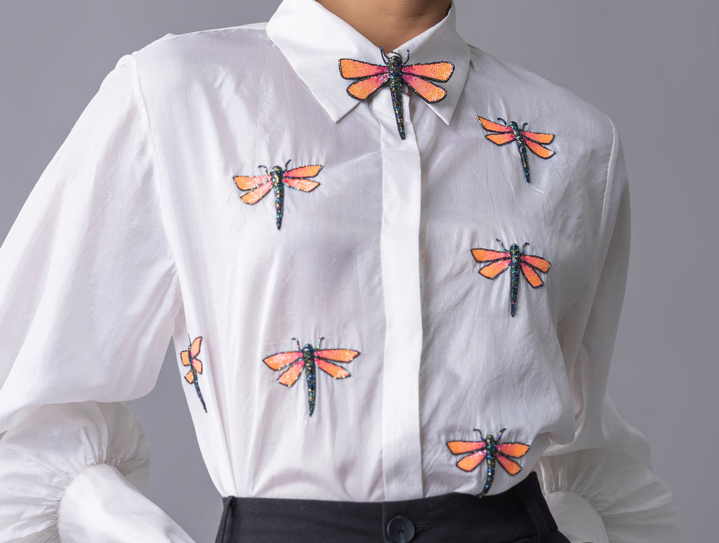 Off White Taffeta Silk Hand Embroidered Shirt with Dragonfly and moth