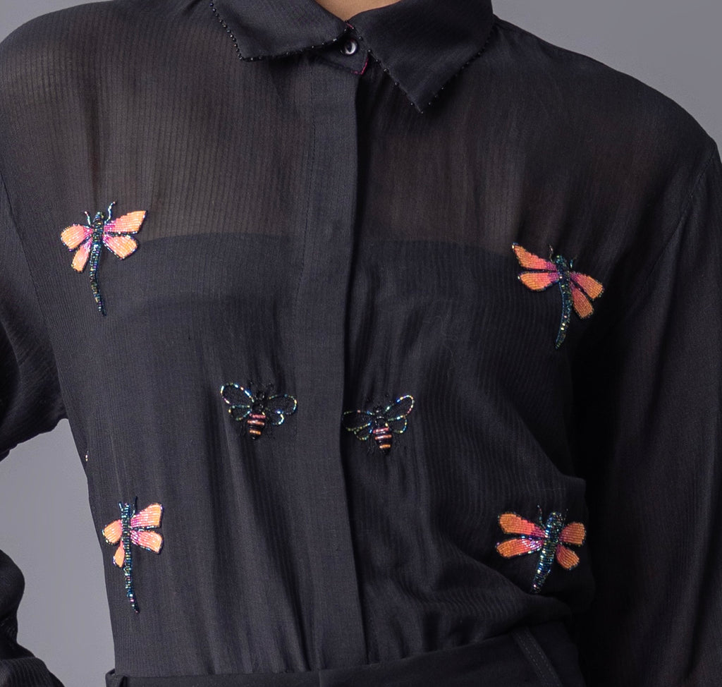 Black Chanderi Silk Hand Embroidered Shirt with Dragonfly and moth motif
