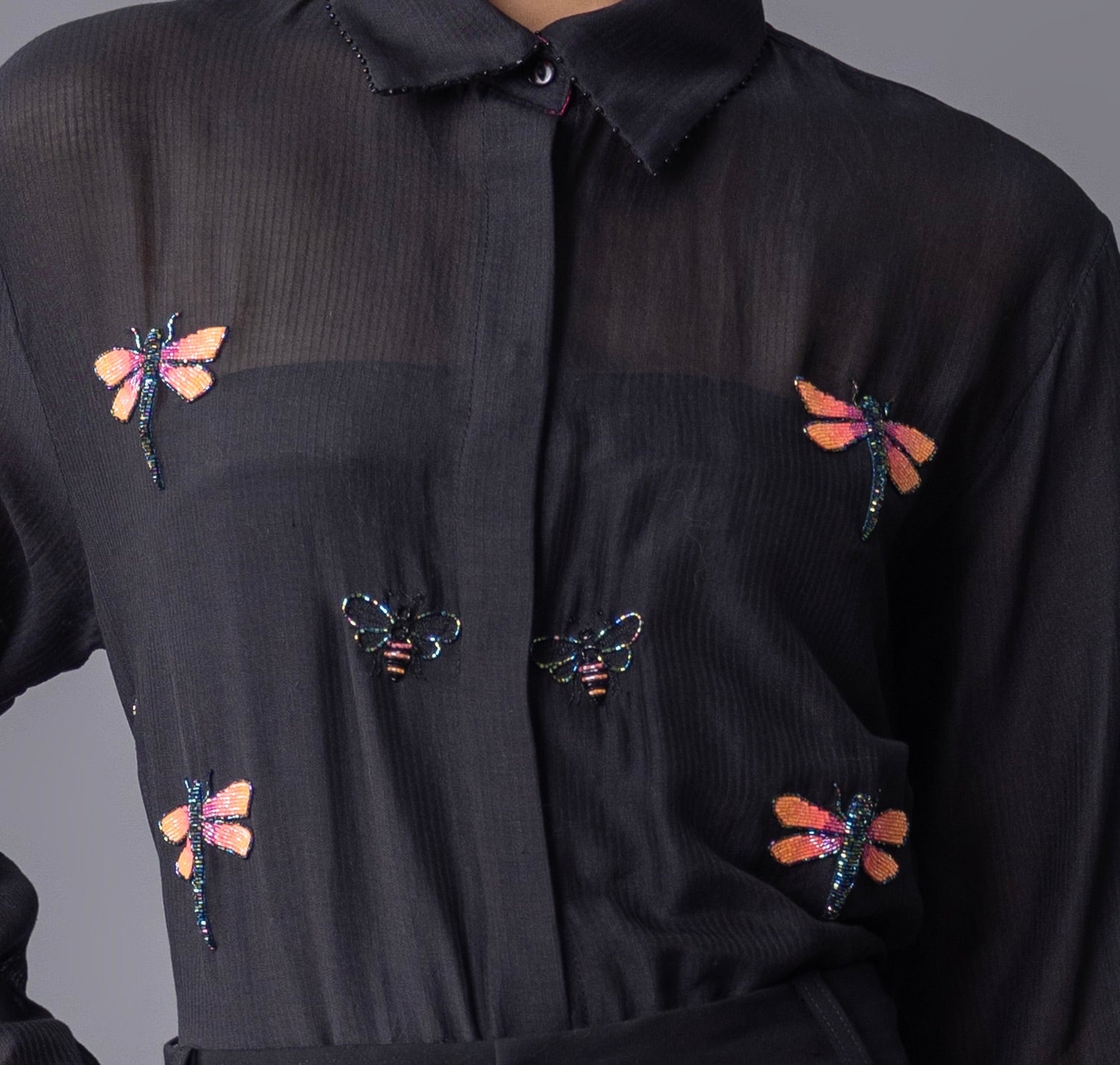 Black Chanderi Silk Hand Embroidered Shirt with Dragonfly and moth motif