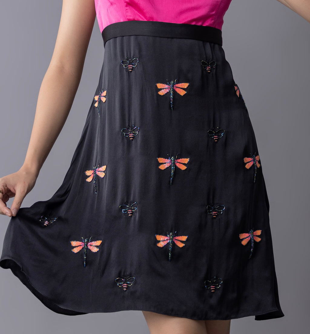 Embroidered color blocked mini dress with Dragonfly and moth motif