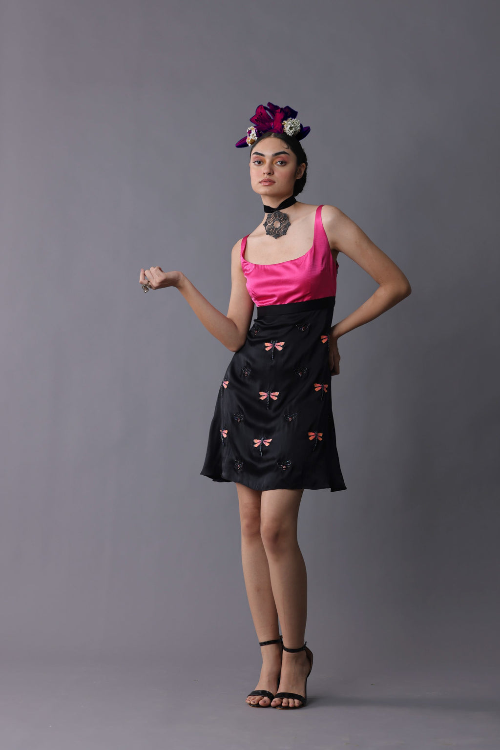 Embroidered color blocked mini dress with Dragonfly and moth motif