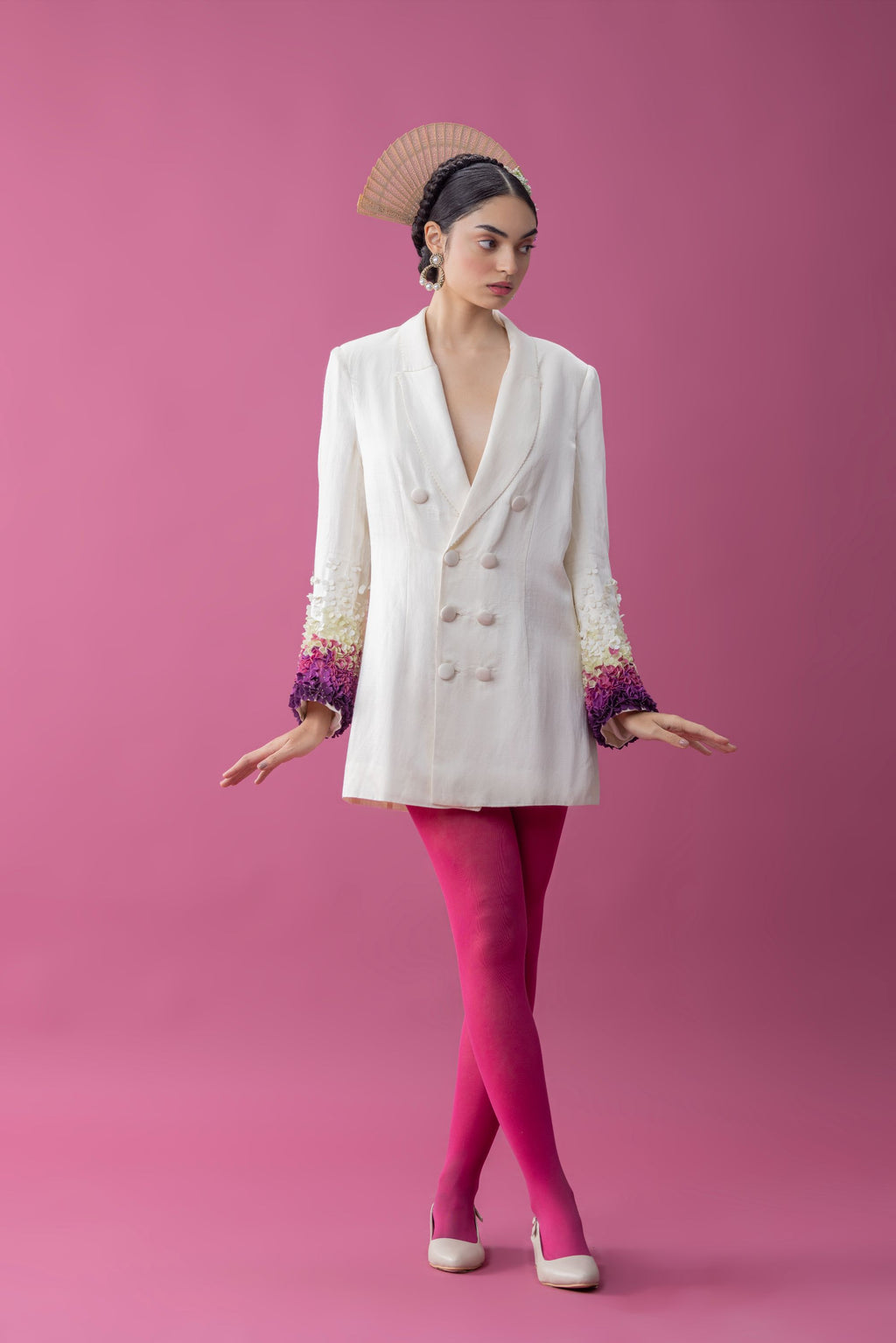 Flower applique structured blazer dress