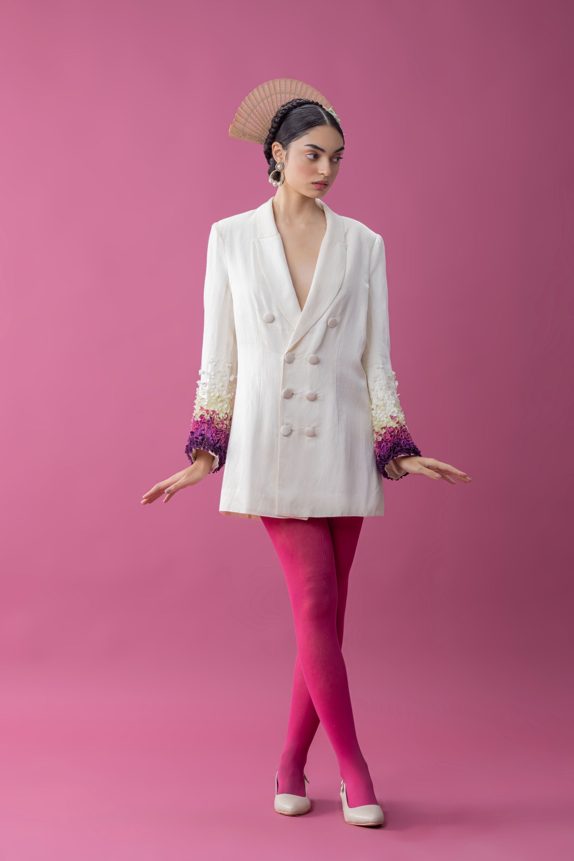 Flower applique structured blazer dress