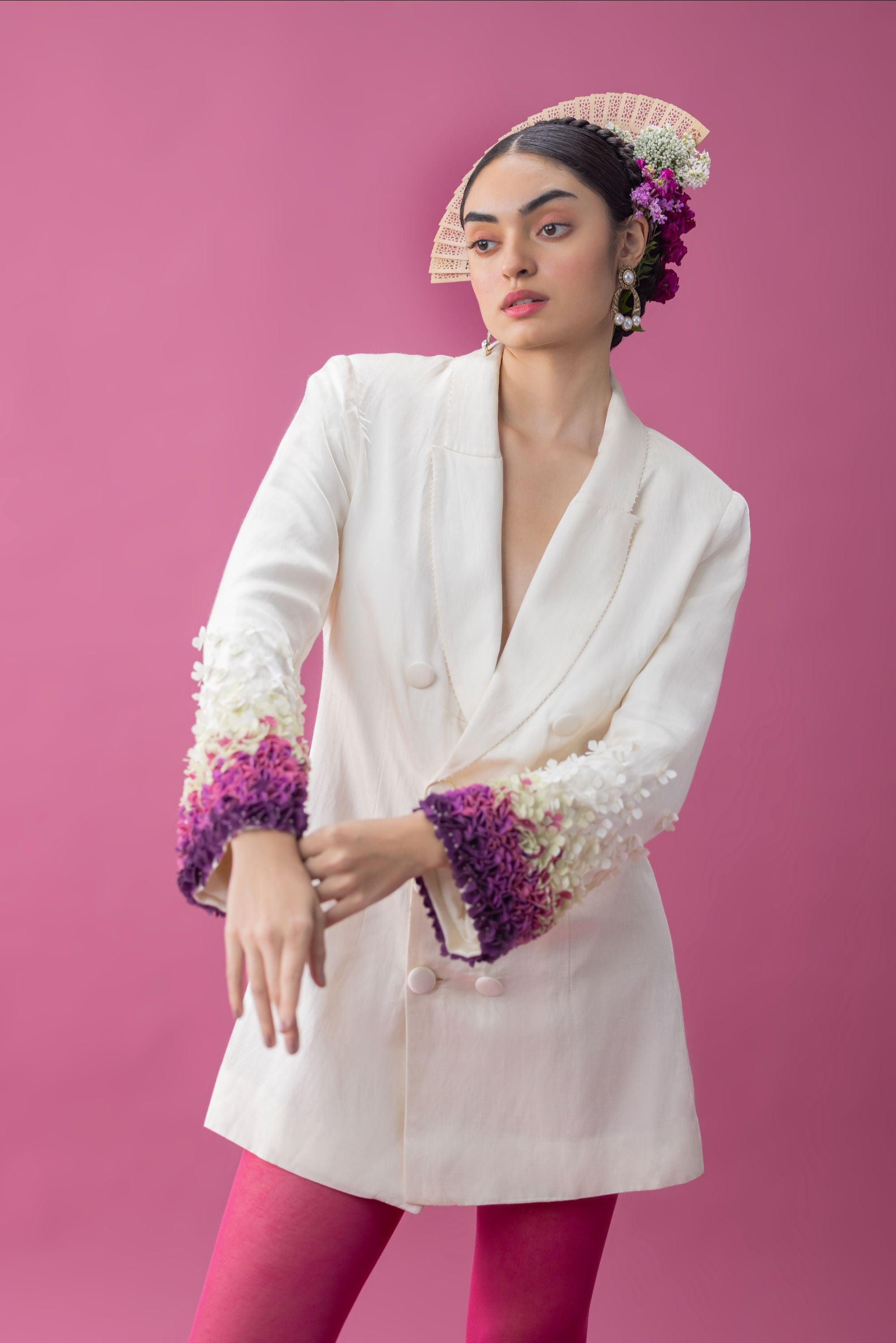 Flower applique structured blazer dress