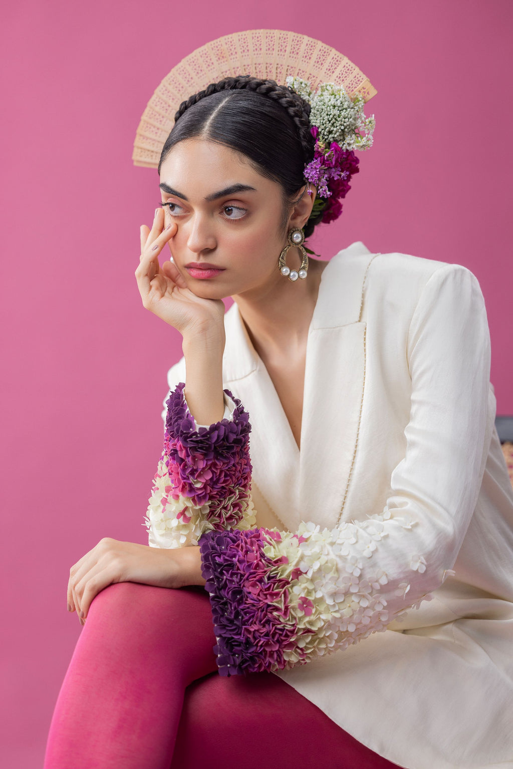 Flower applique structured blazer dress