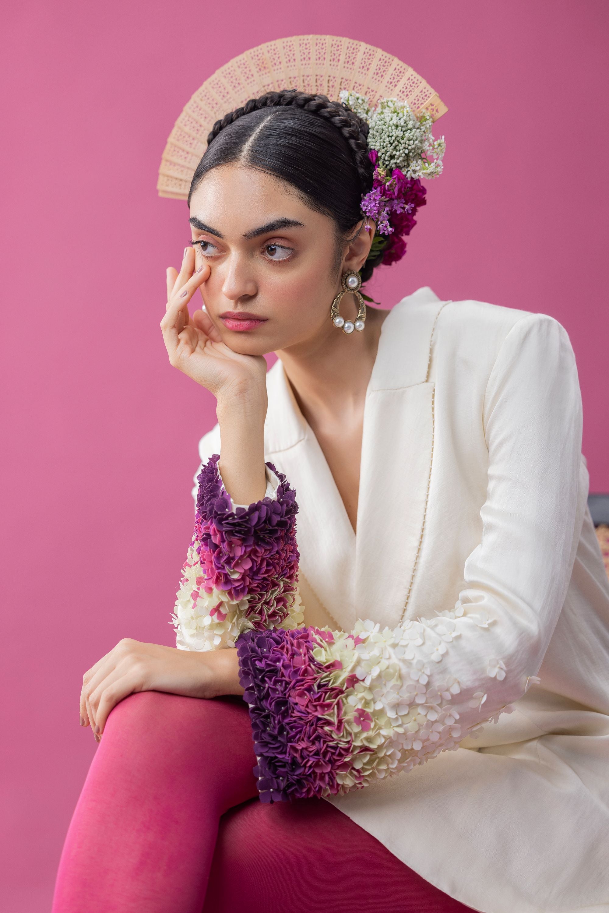 Flower applique structured blazer dress