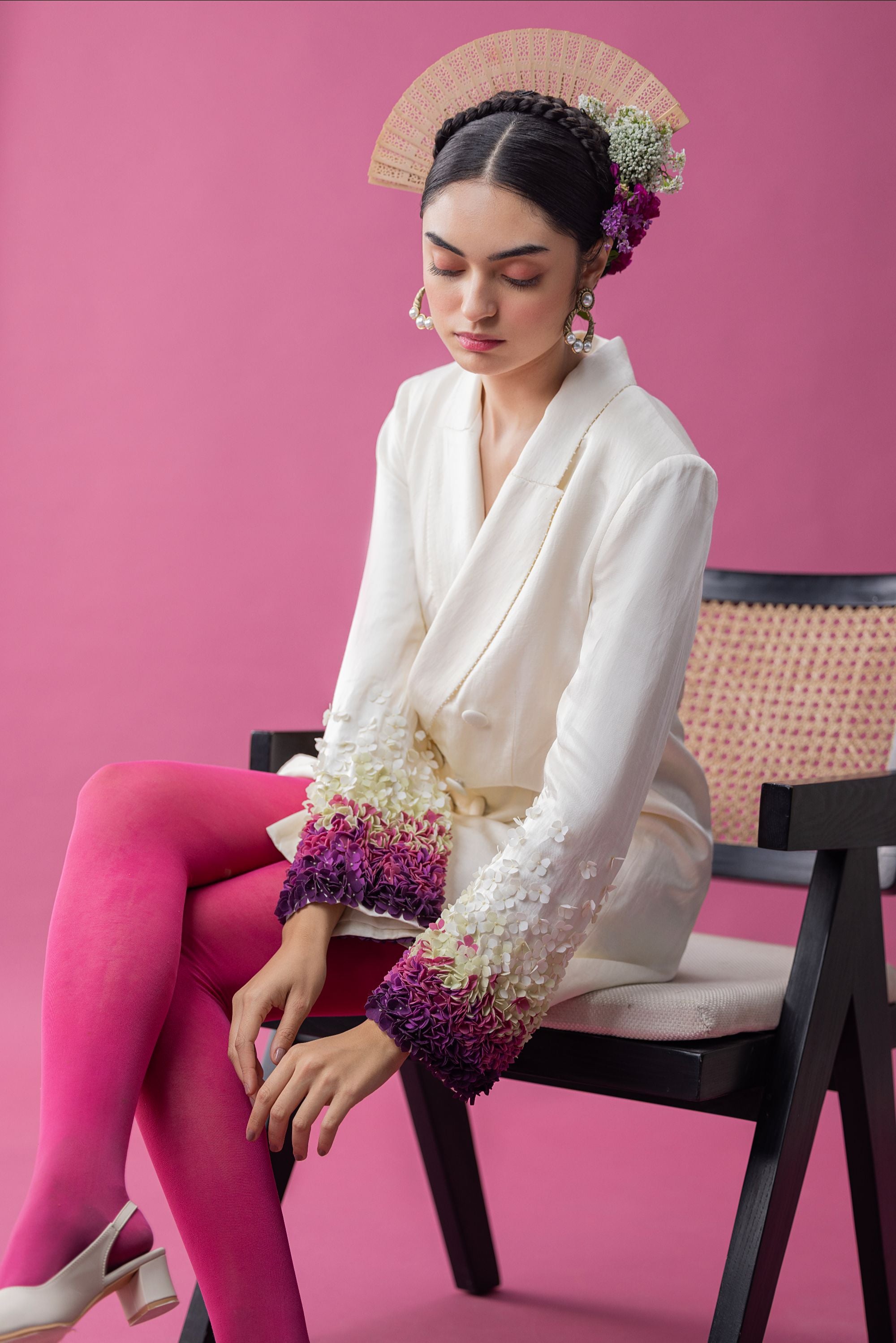 Flower applique structured blazer dress