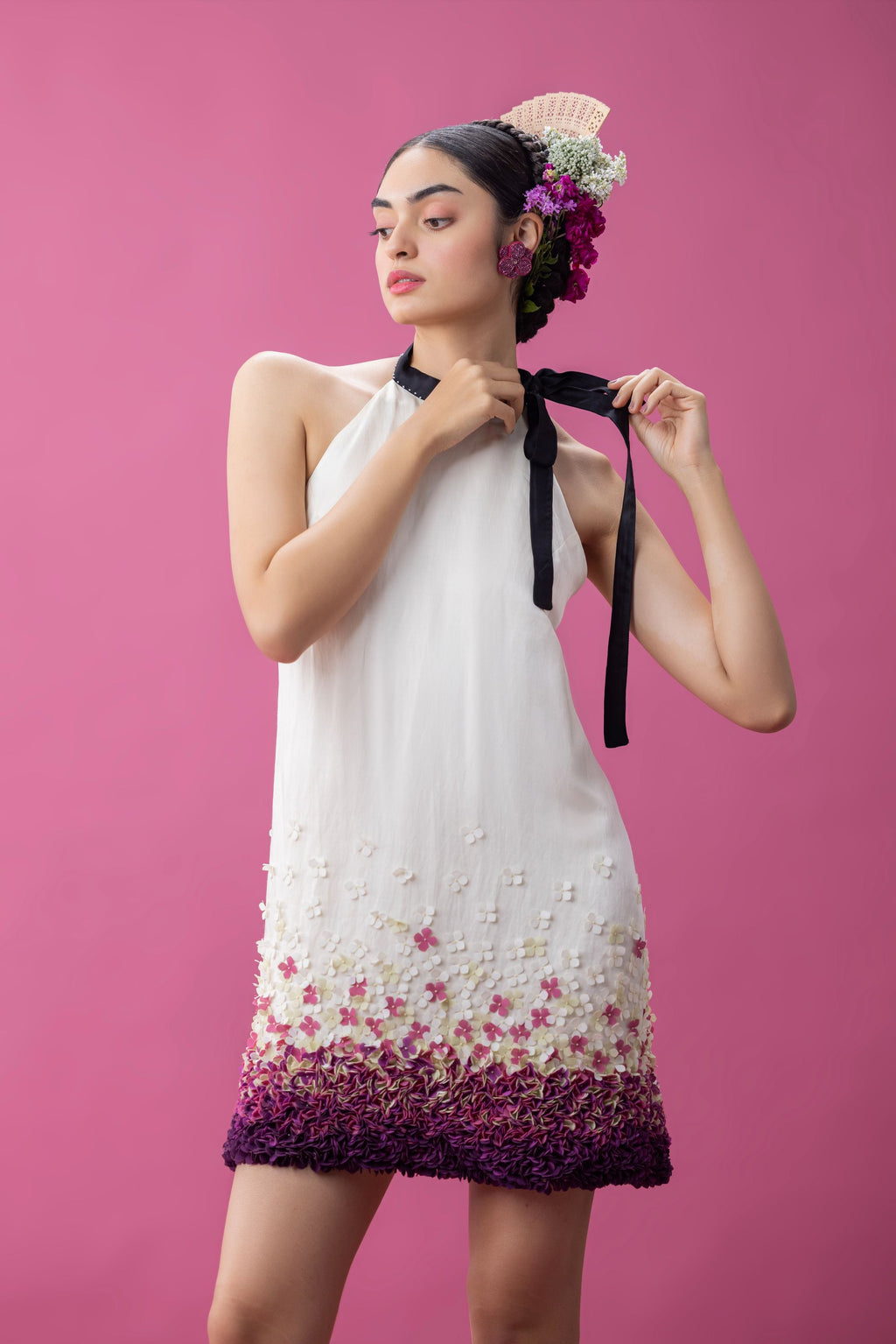 Flower applique halter look mini dress