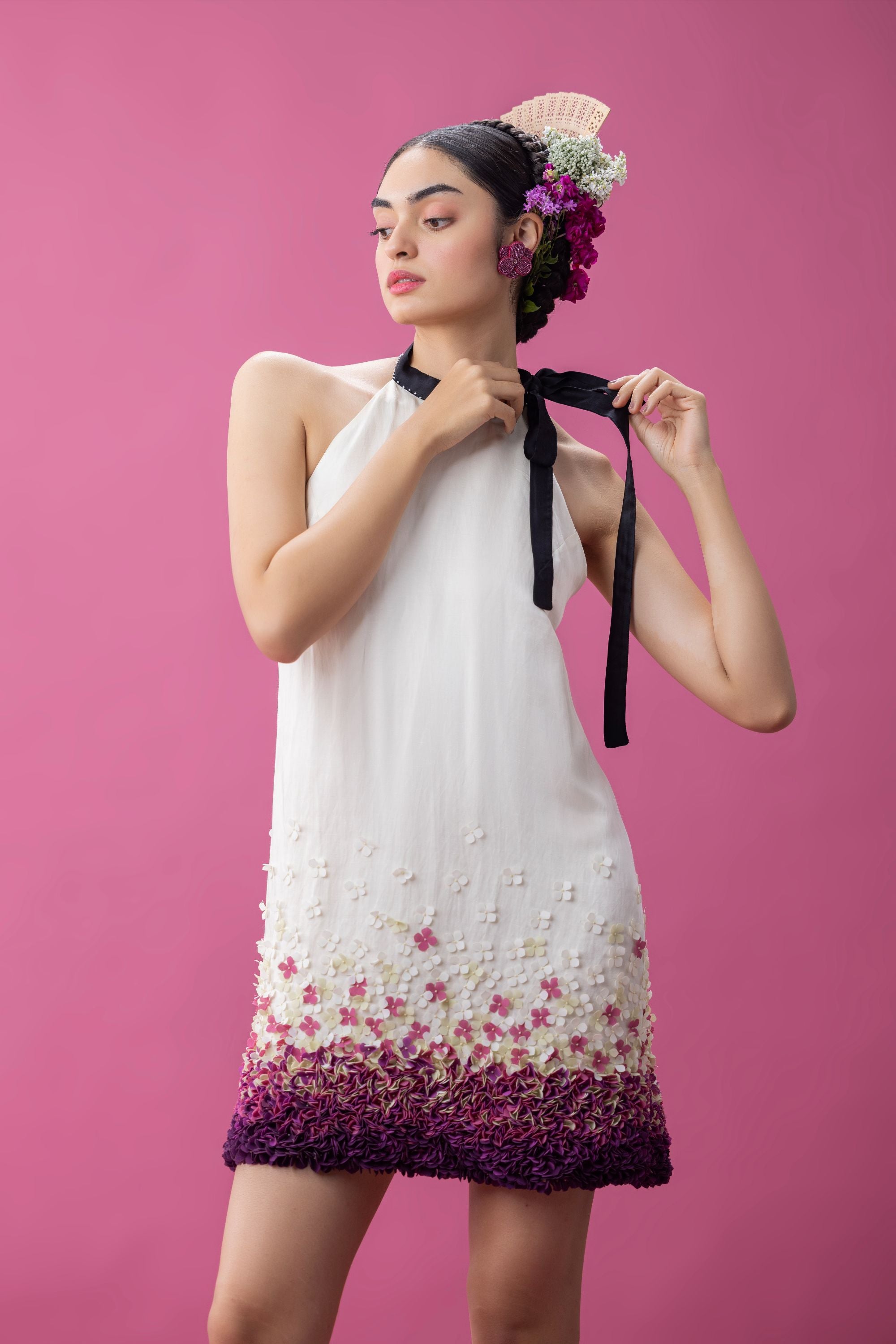 Flower applique halter look mini dress