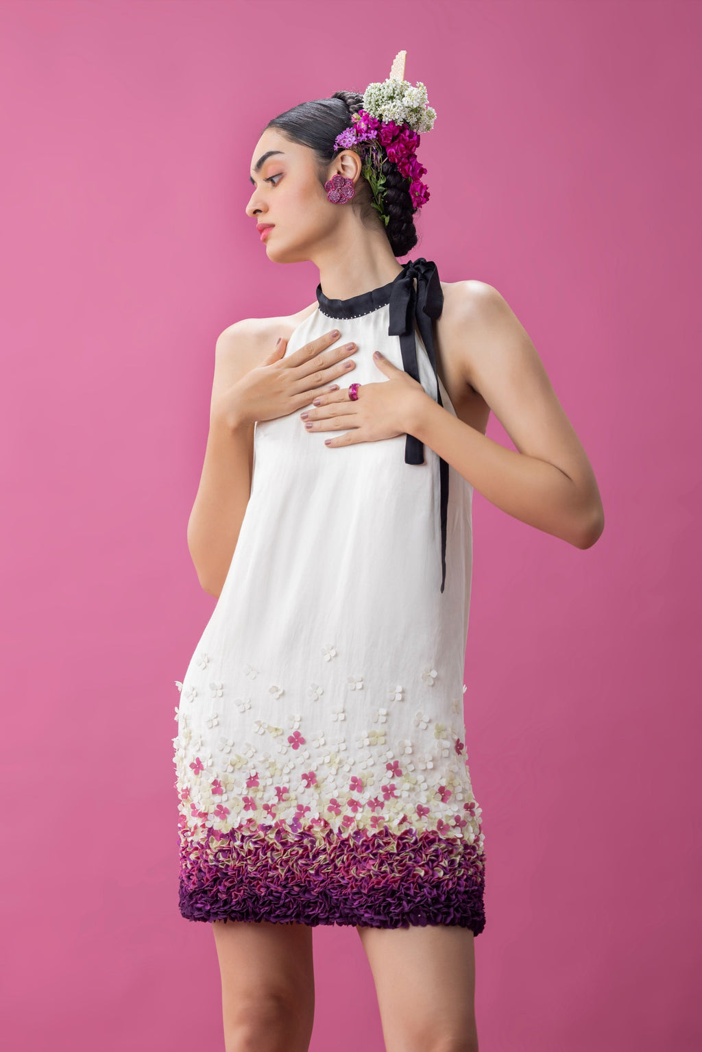Flower applique halter look mini dress