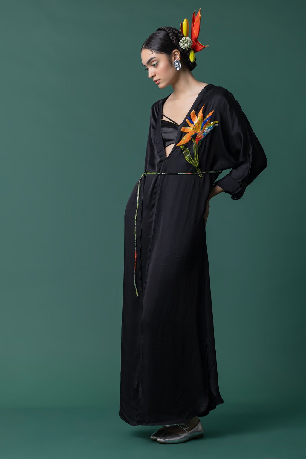 Black Modal Satin Kaftan Dress With Hand Embroidered Bird of paradise flower motif