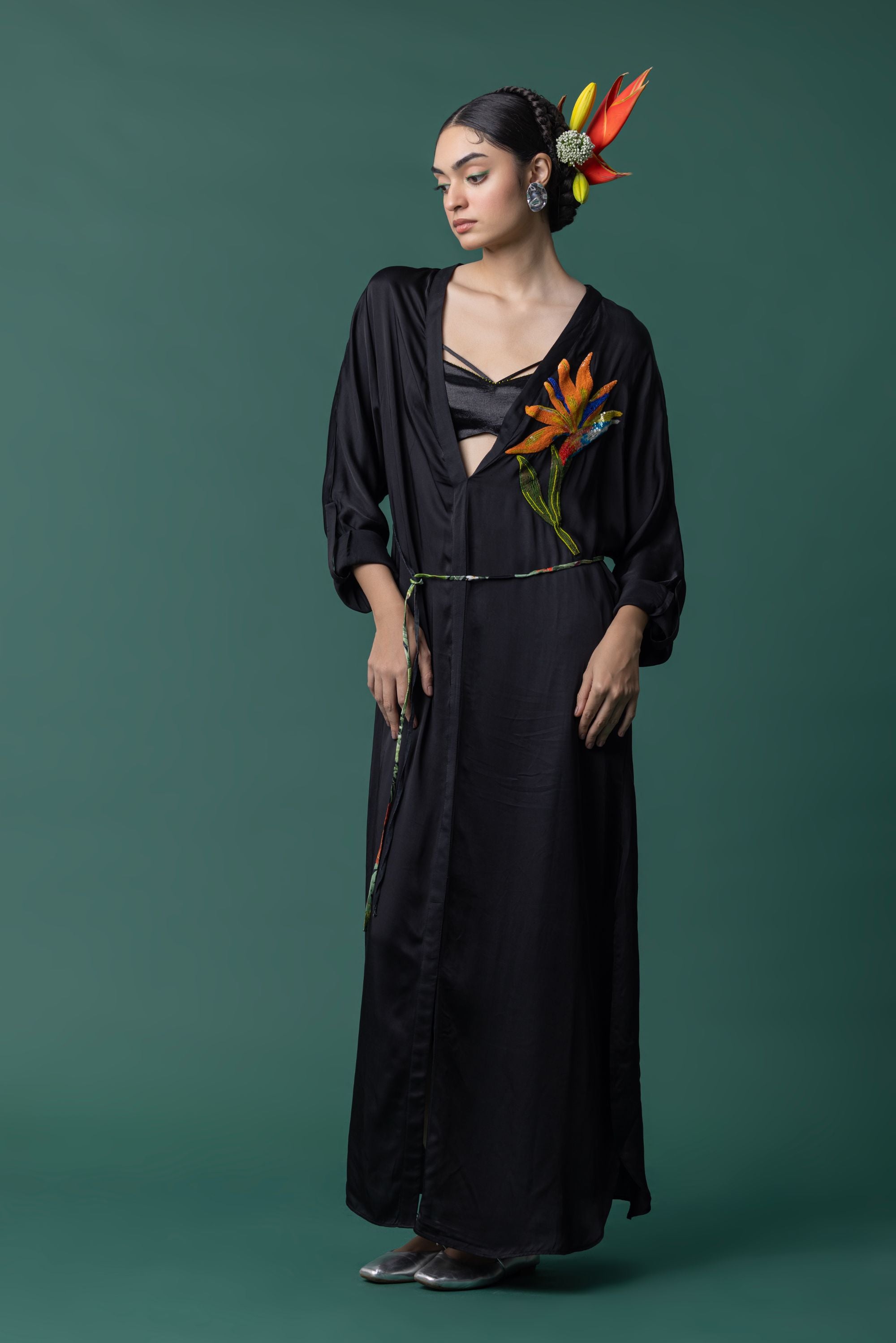 Black Modal Satin Kaftan Dress With Hand Embroidered Bird of paradise flower motif