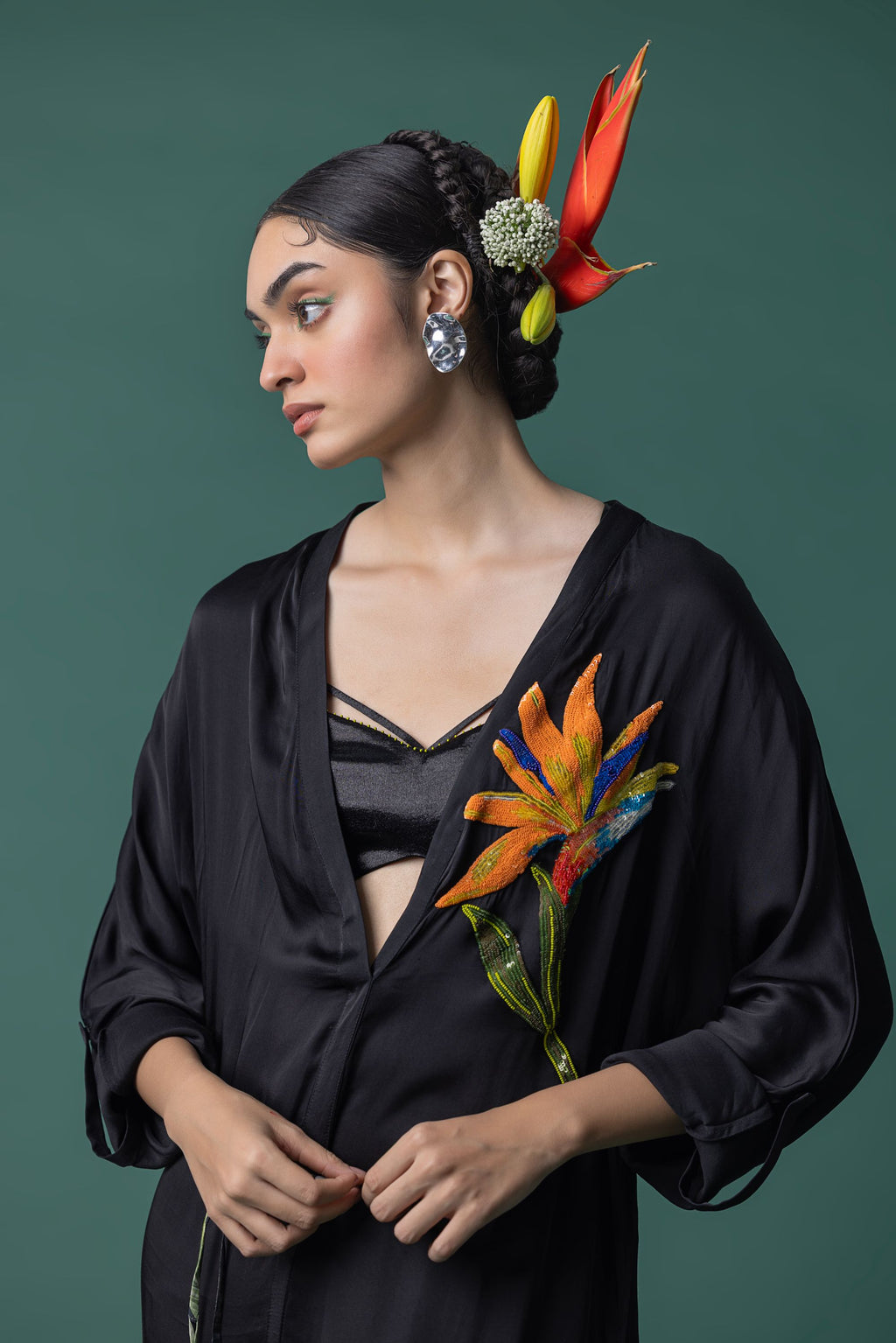 Black Modal Satin Kaftan Dress With Hand Embroidered Bird of paradise flower motif