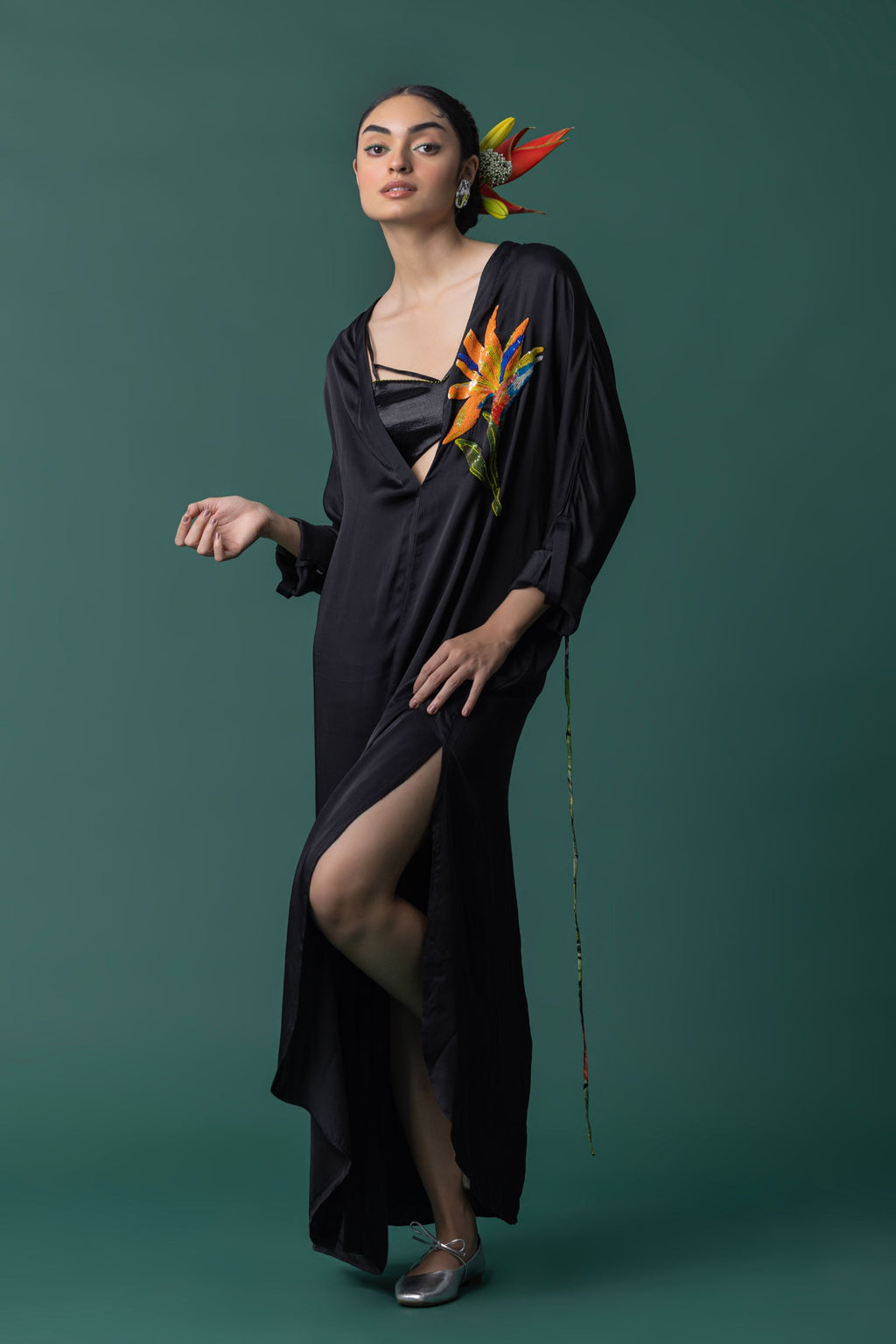 Black Modal Satin Kaftan Dress With Hand Embroidered Bird of paradise flower motif