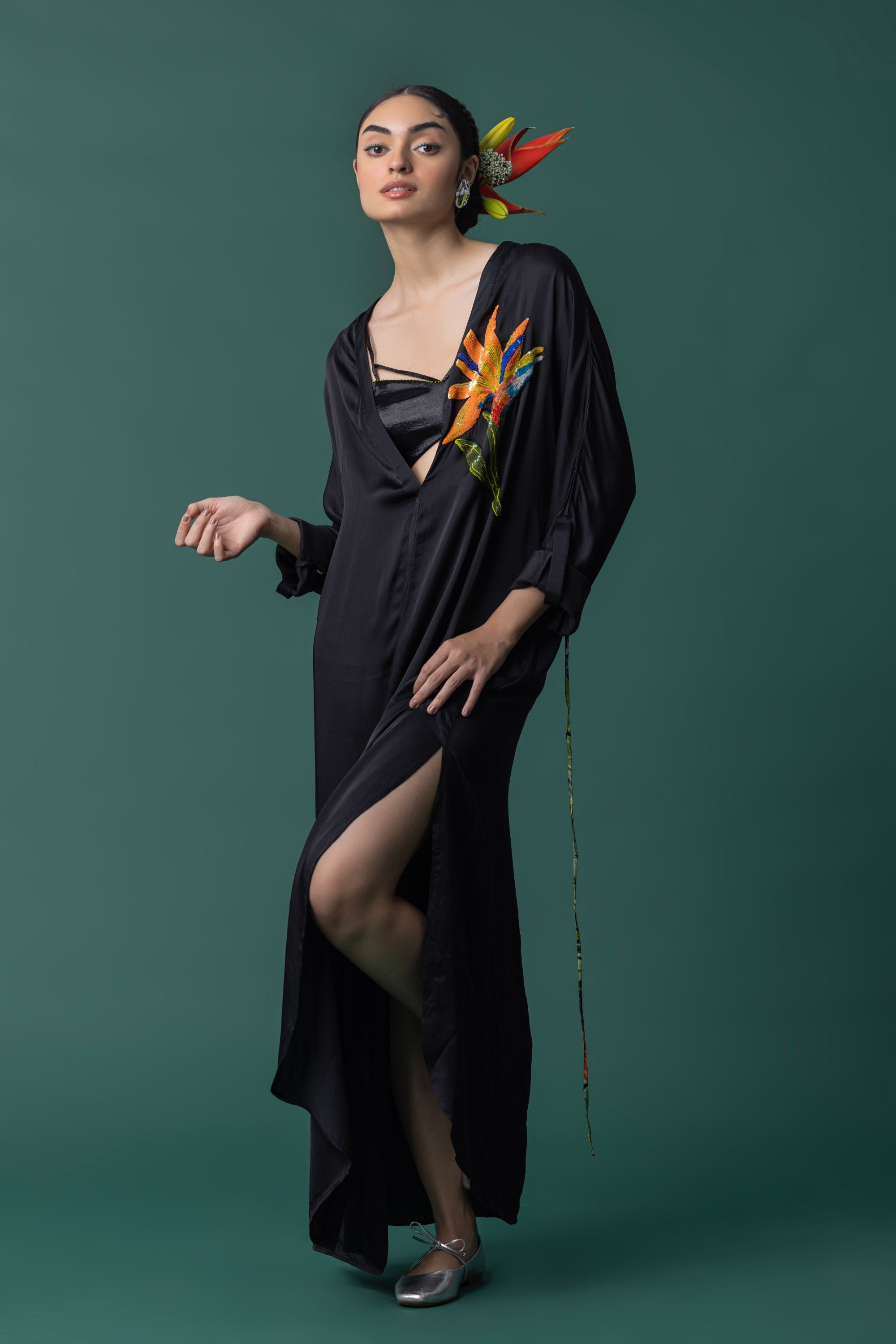 Black Modal Satin Kaftan Dress With Hand Embroidered Bird of paradise flower motif