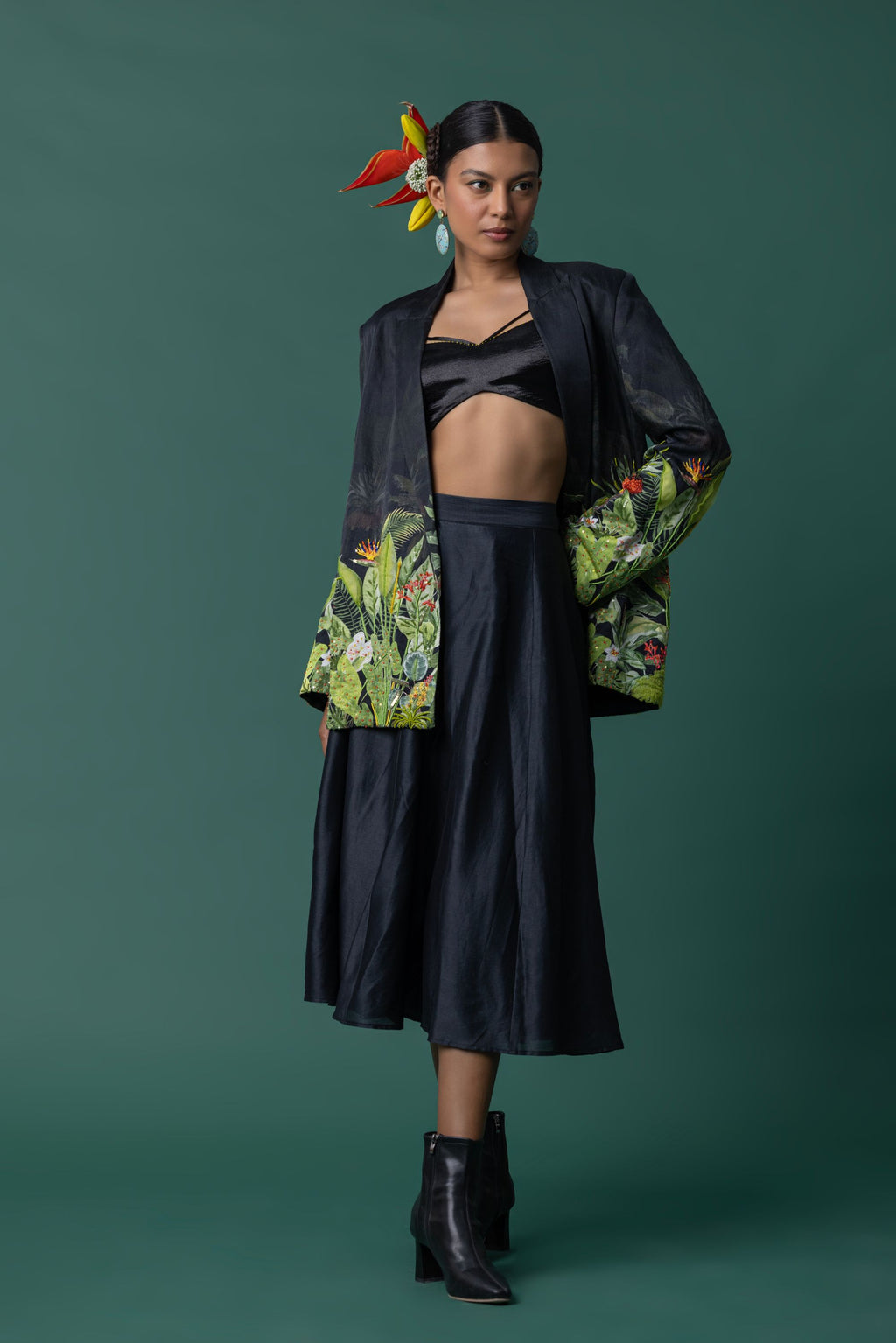Solid black chanderi godet skirt