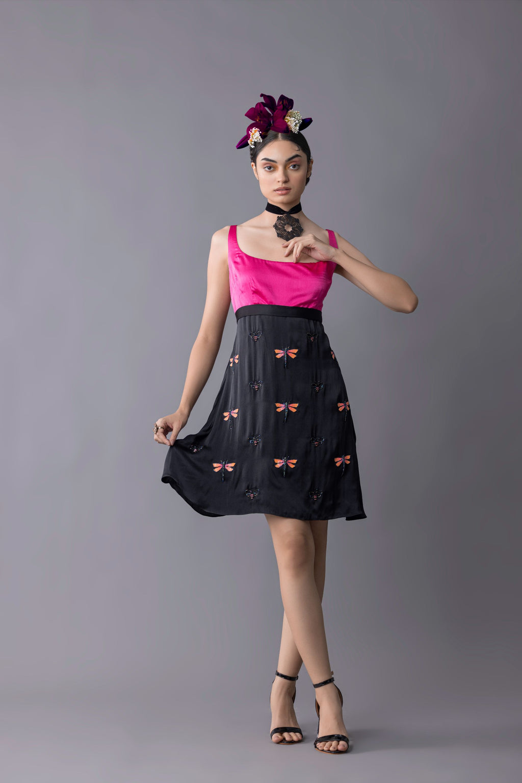 Embroidered color blocked mini dress with Dragonfly and moth motif