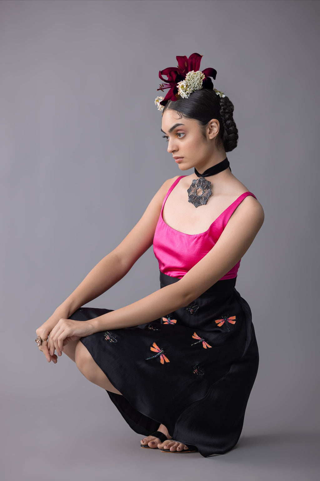 Embroidered color blocked mini dress with Dragonfly and moth motif