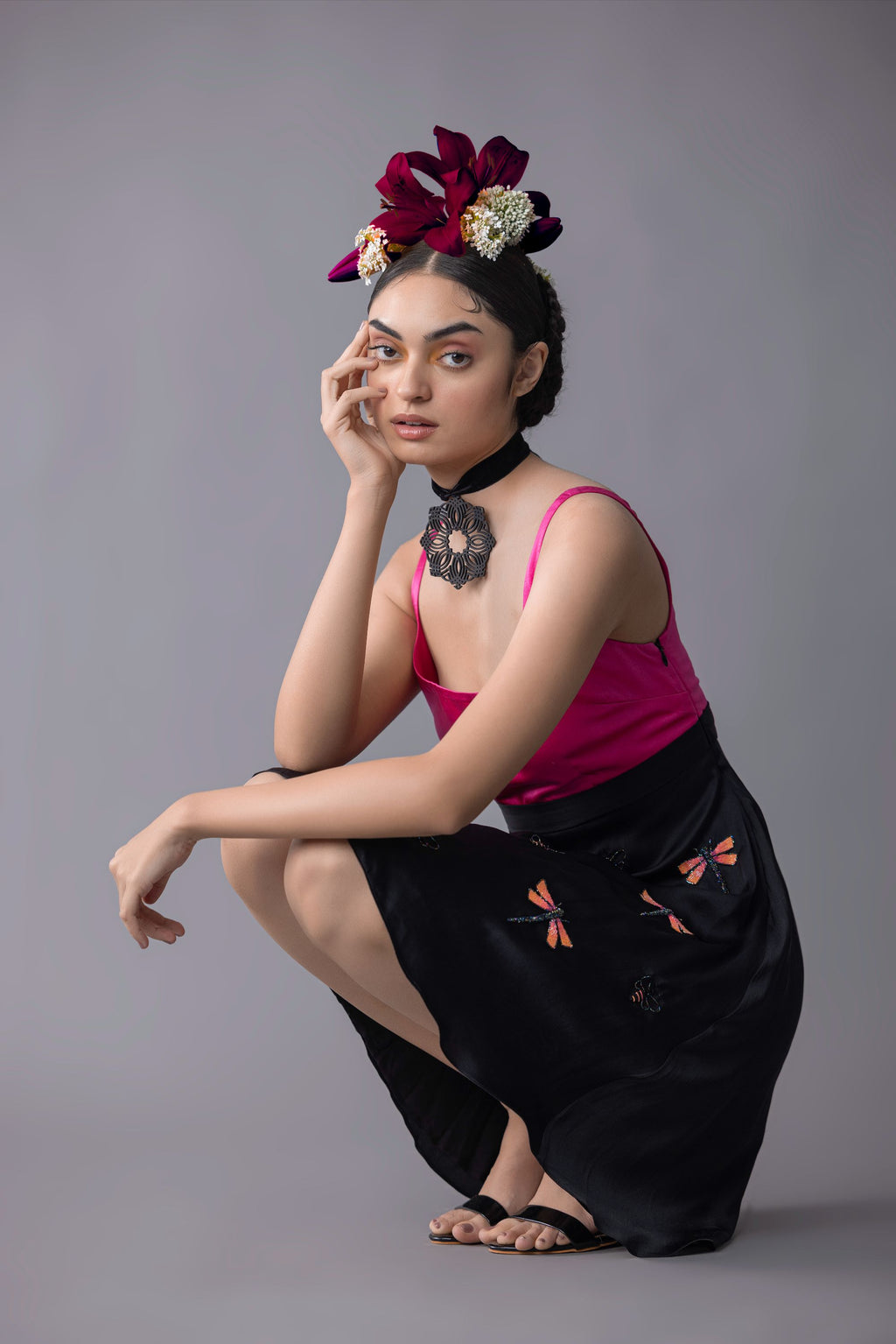 Embroidered color blocked mini dress with Dragonfly and moth motif