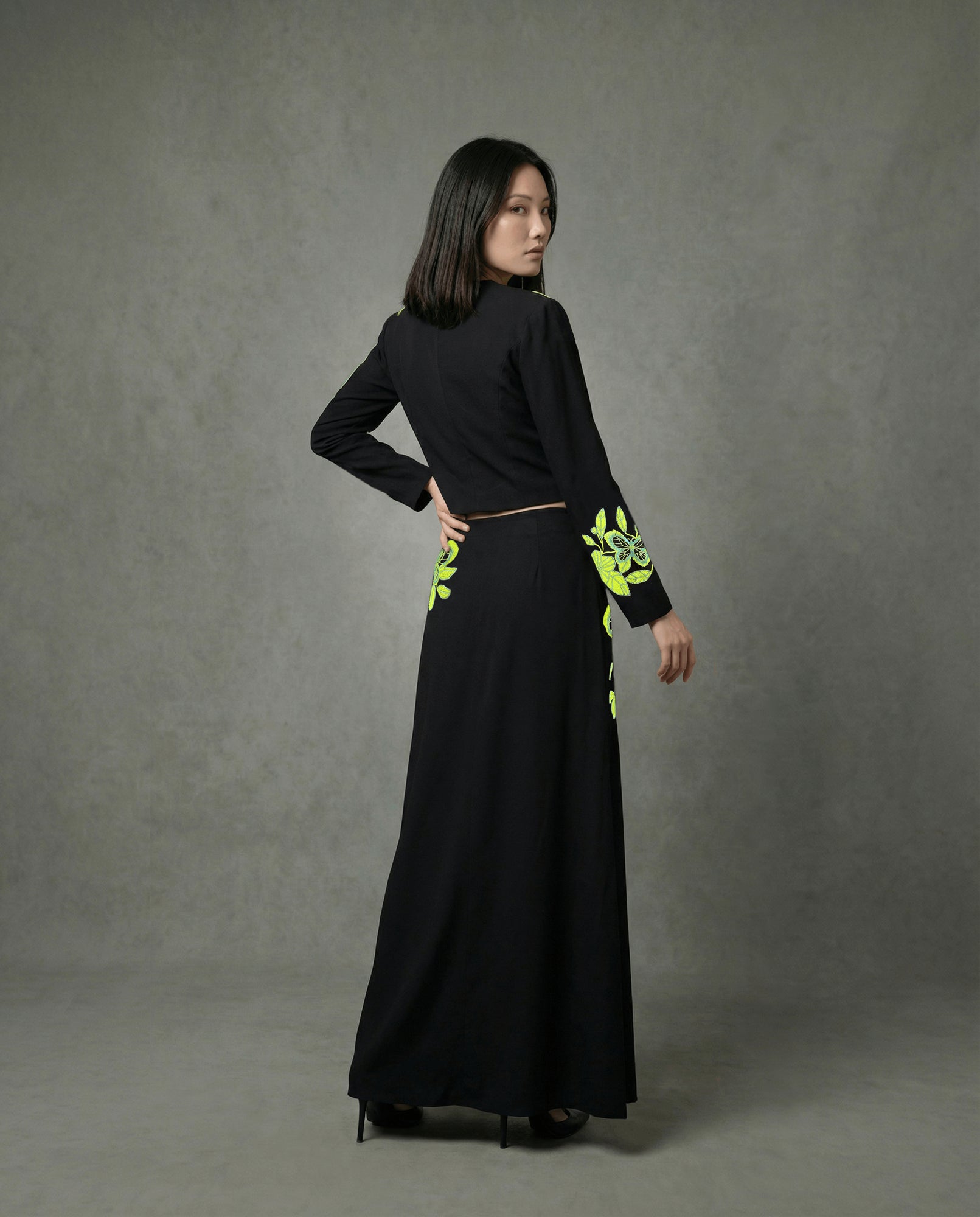 Structured blazer top  with butterfly embroidery