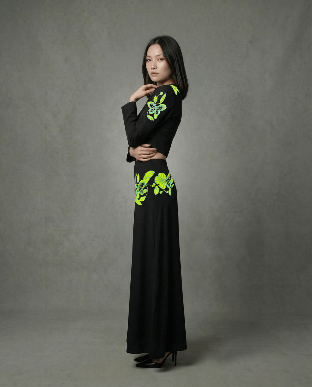 Structured blazer top  with butterfly embroidery